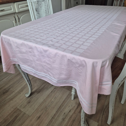 Vintage IRISETTE Tischdecke 132x220cm Perlrosa und Damast Webart Baumwolle