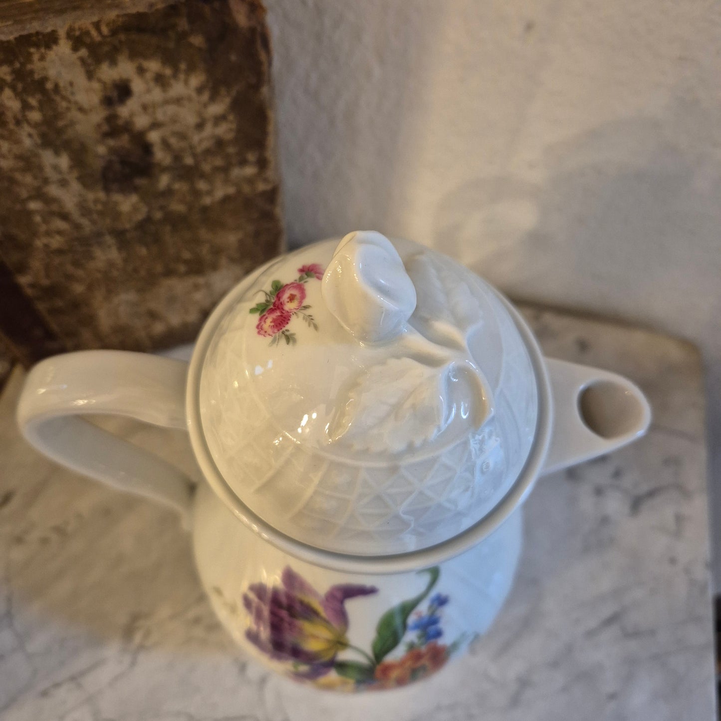 Antike Hutschenreuther Dresden Porzellan Kanne Kaffeekanne Teekanne Blumenmotiv Reliefrand
