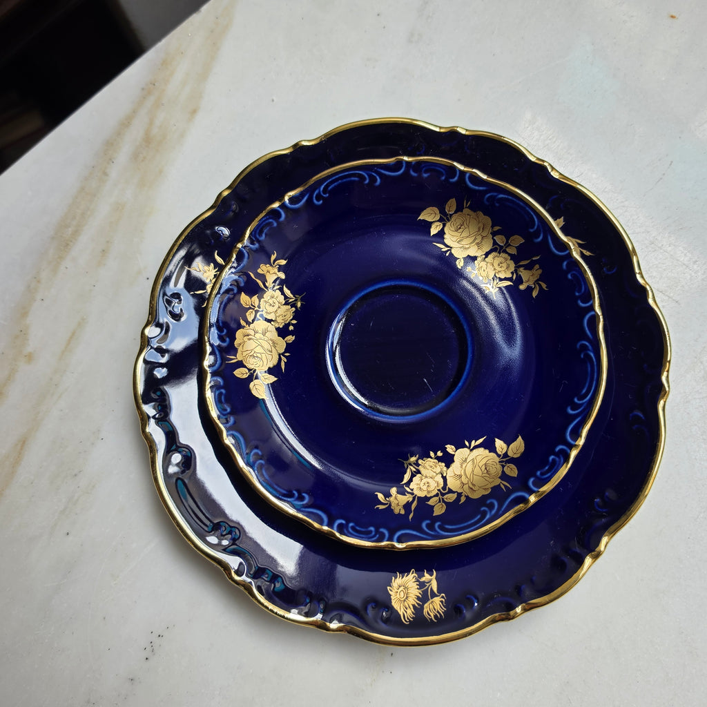 Vintage Mitterteich Bavaria Porzellan Sammelgedeck – Kobaltblau mit Golddekor (3-teilig)