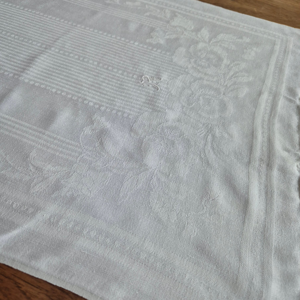 Antikes Jugendstil Küchen-&Geschirrtuch weiß Damast Baumwolle 51x110cm Monogram R.