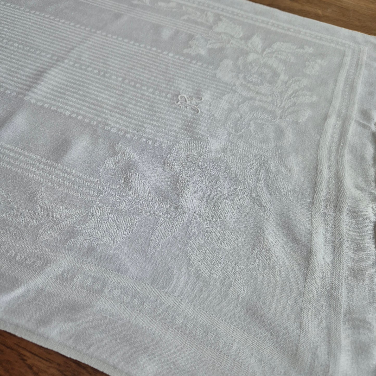 Antikes Jugendstil Küchen-&Geschirrtuch weiß Damast Baumwolle 51x110cm Monogram R.