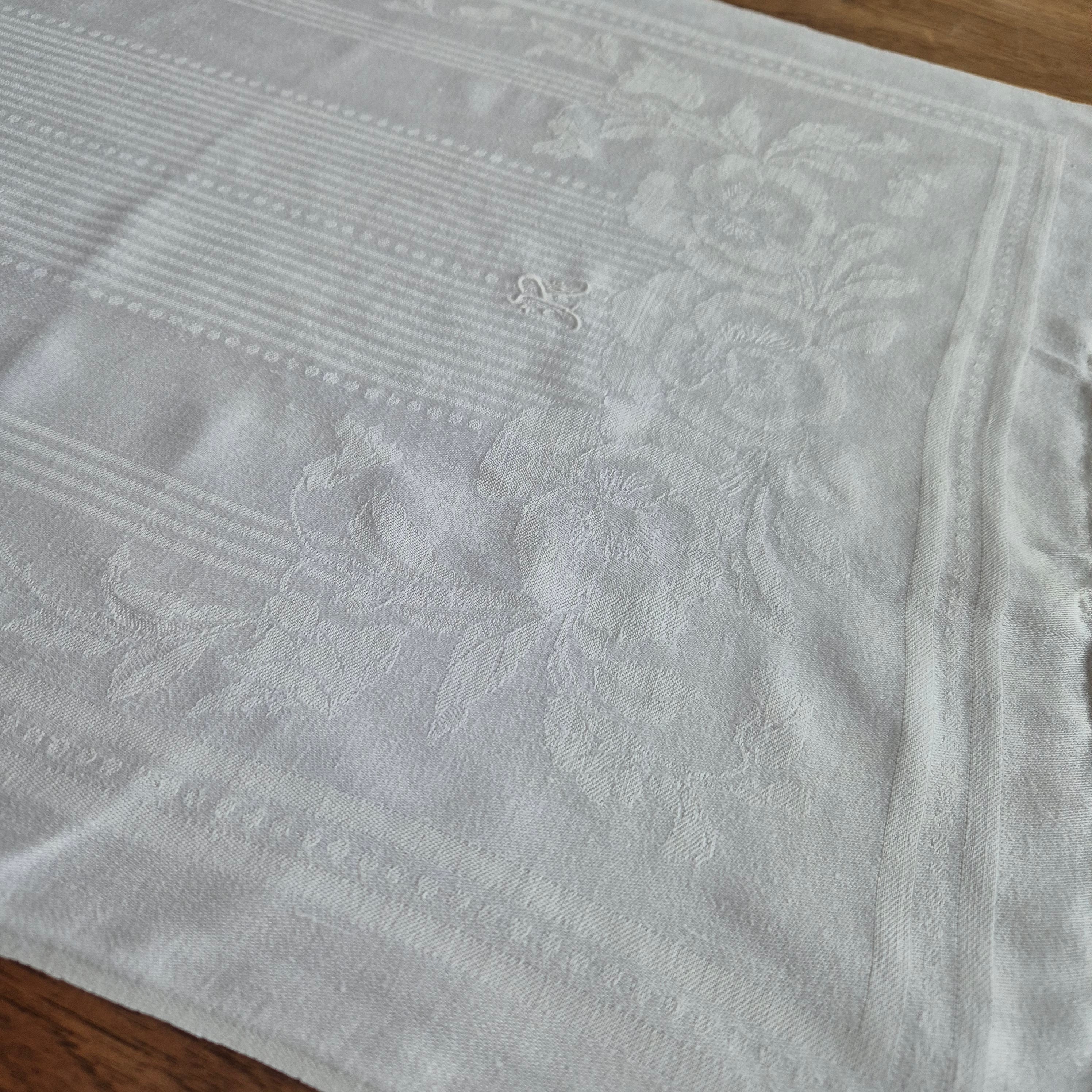 Antikes Jugendstil Küchen-&Geschirrtuch weiß Damast Baumwolle 51x110cm Monogram R.