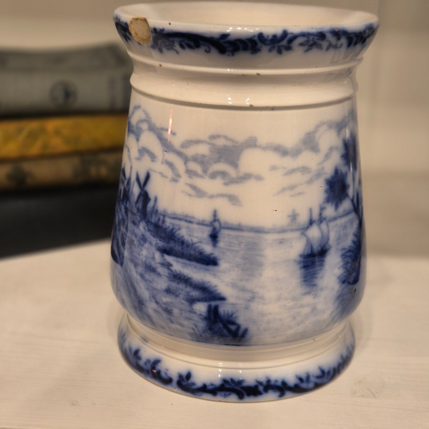 Antike H.H & Cie Delft Vorratsdose ohne Deckel blau weiß 120Jahre alt Kochlöffelhalter Aufschrift "Sago."