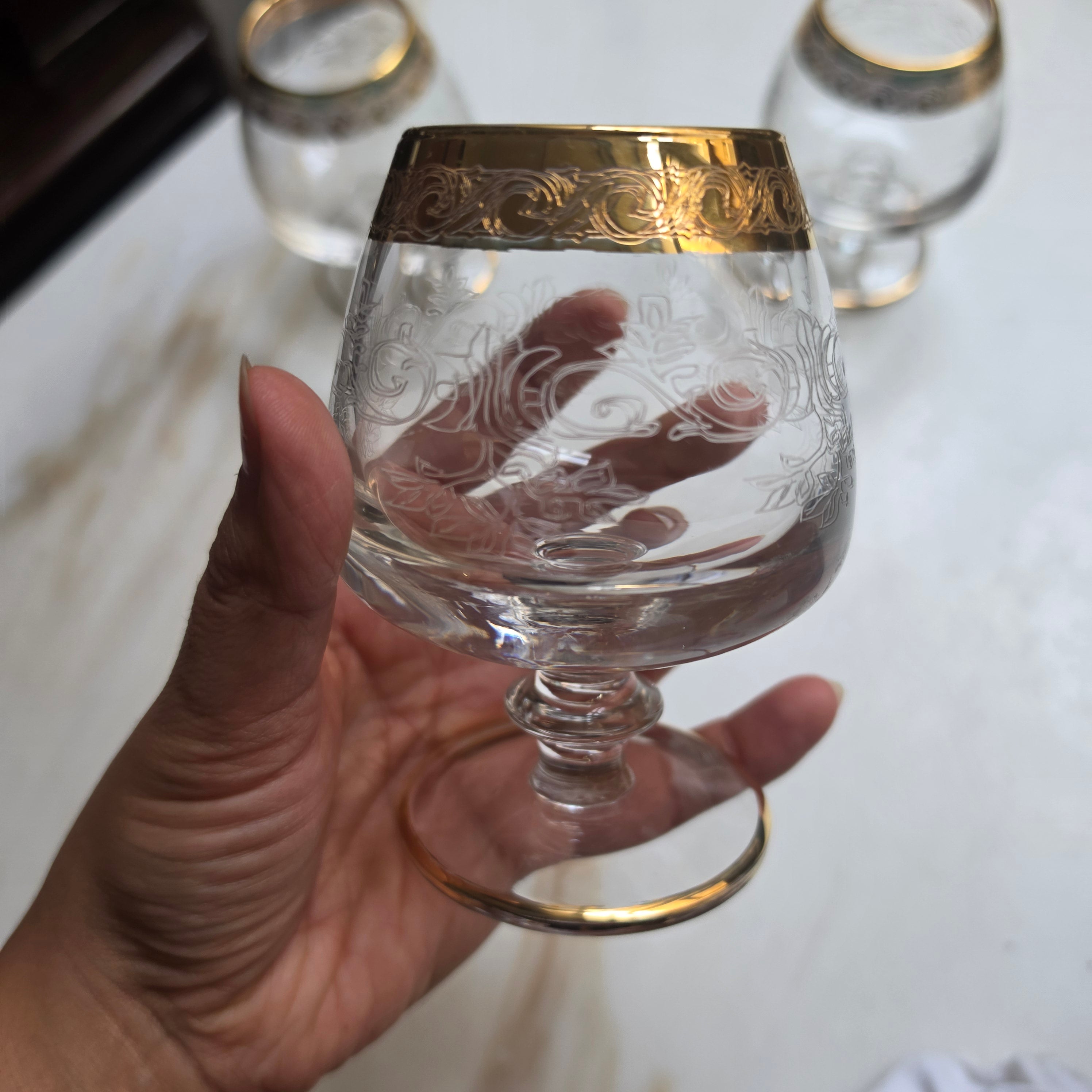Vintage Cognacgläser / Schwenker mit Ätzdekor & Goldrand