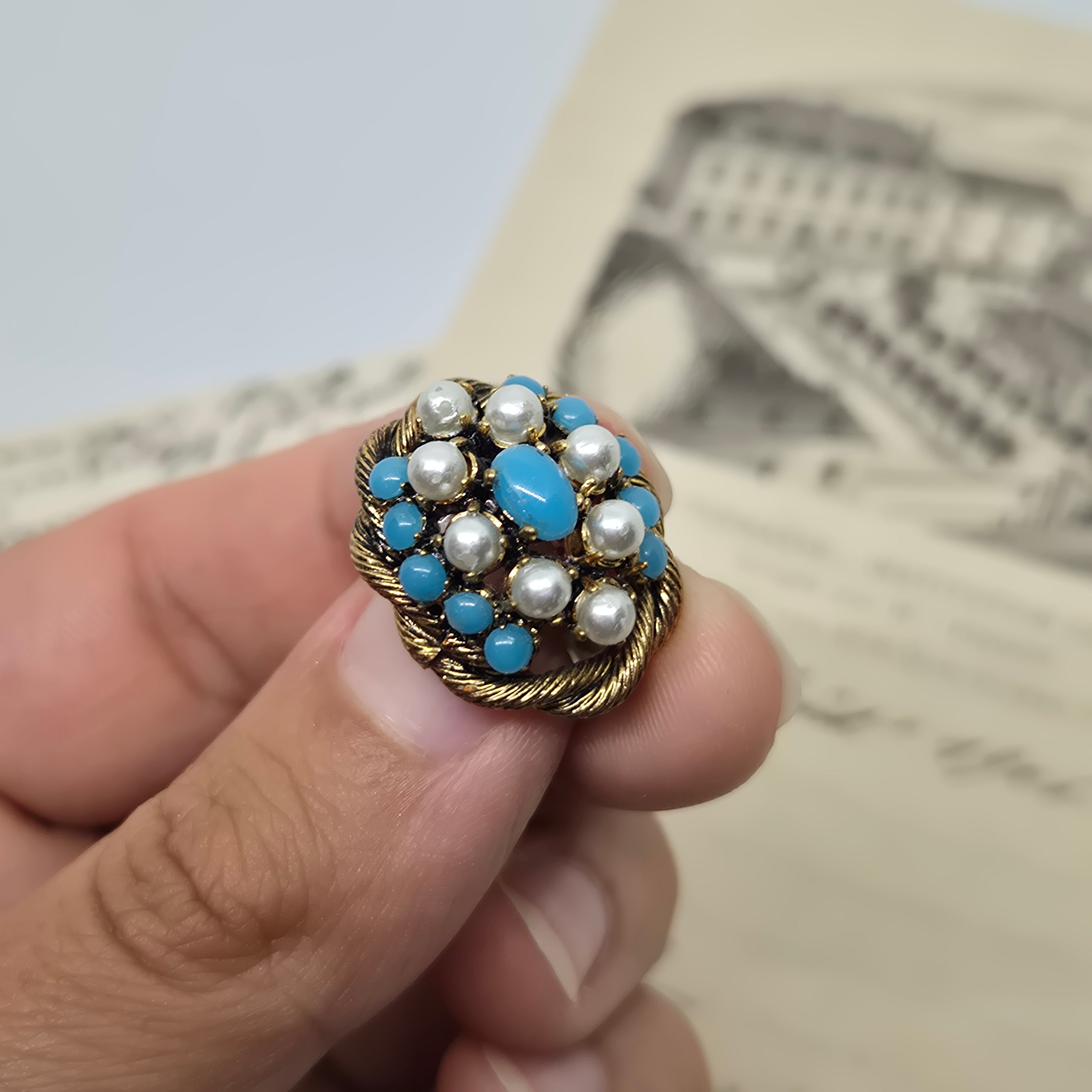 Einzigartige Art Jugendstil Vintage Brosche Antik 50er Jahre Gold unechte Perlen Blau Nummer 41