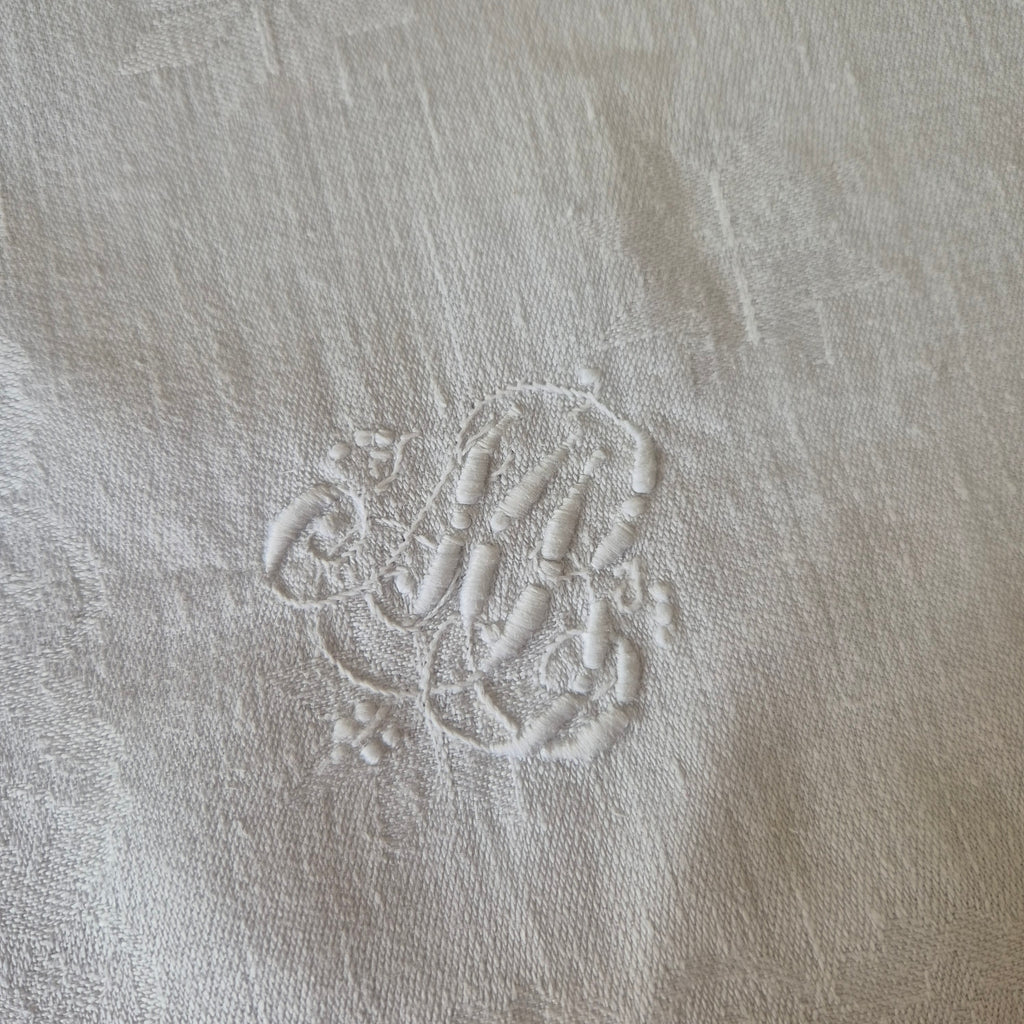Antike Jugendstil Serviette/Mitteldecke weiß 69x63cm Damast Monogram M.B.