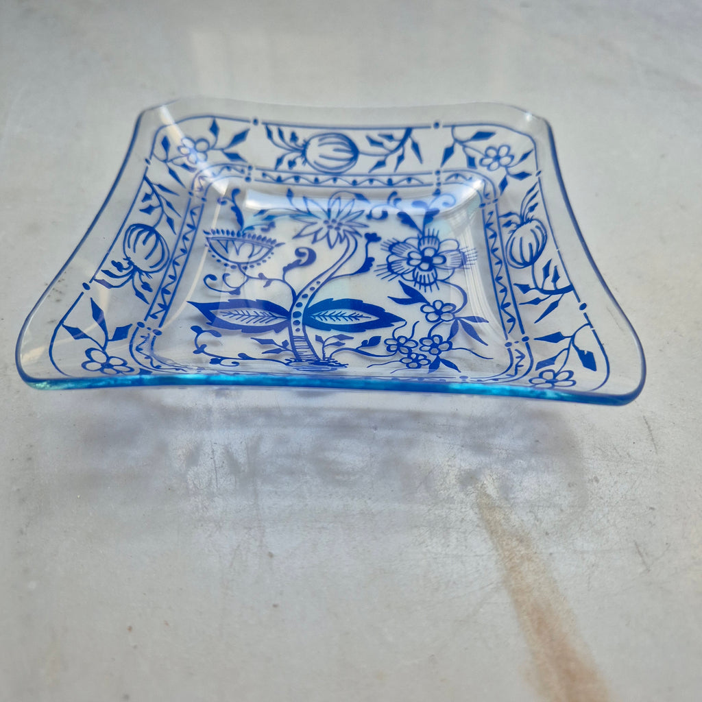 Wunderschöne Zwiebelmuster Retro Schale Ringschale Schmuckschale Vintage blau Glas