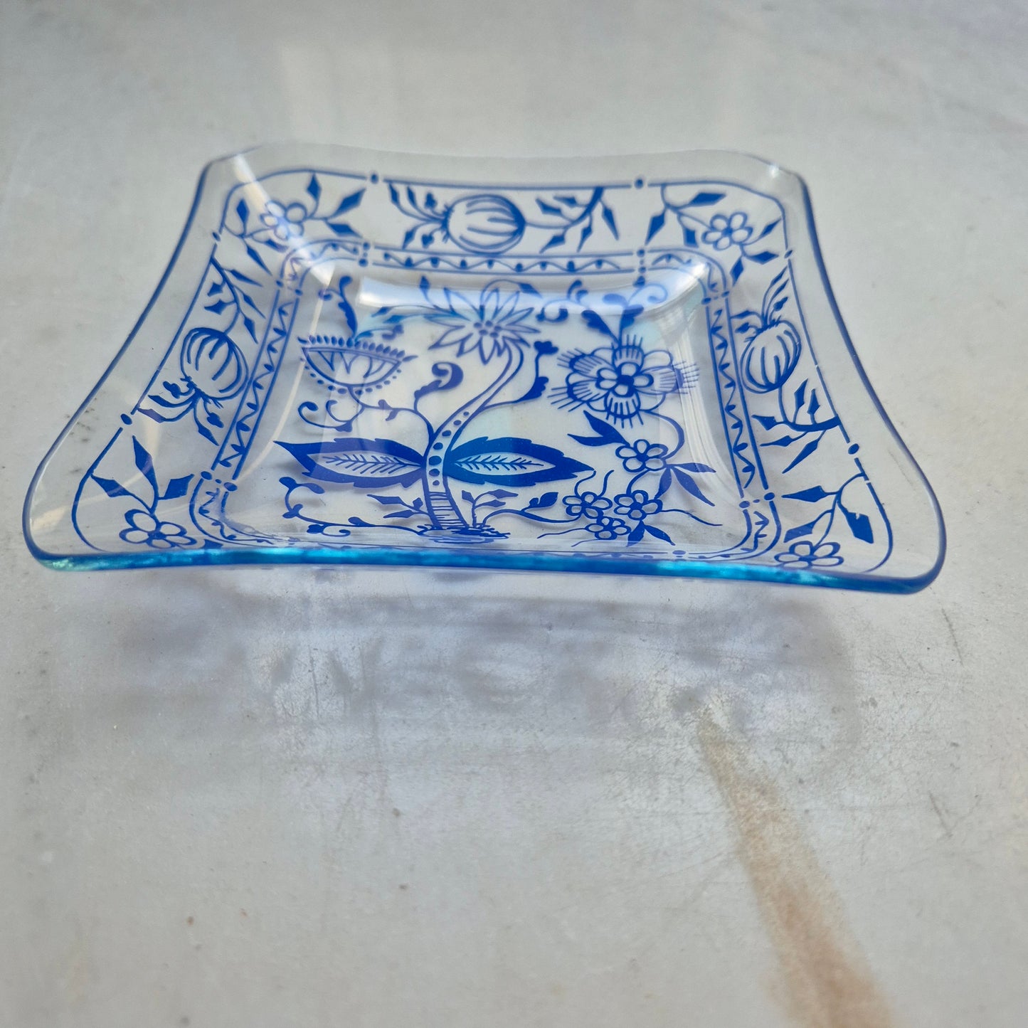 Wunderschöne Zwiebelmuster Retro Schale Ringschale Schmuckschale Vintage blau Glas