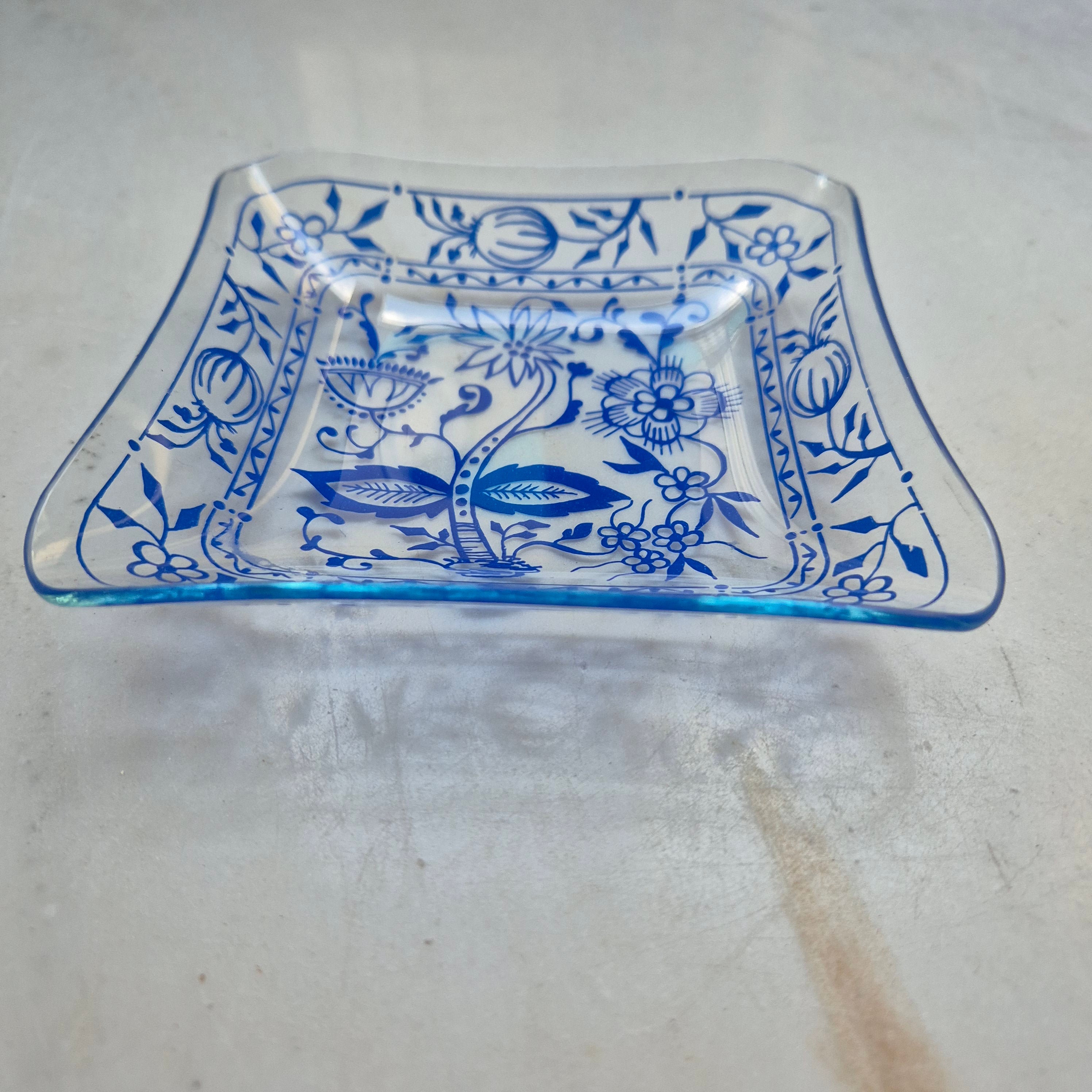 Wunderschöne Zwiebelmuster Retro Schale Ringschale Schmuckschale Vintage blau Glas