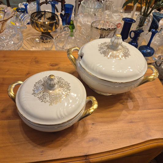 Alte große Suppenterrine mit Deckel Vintage Bavaria Porzellan elfenbein gold
