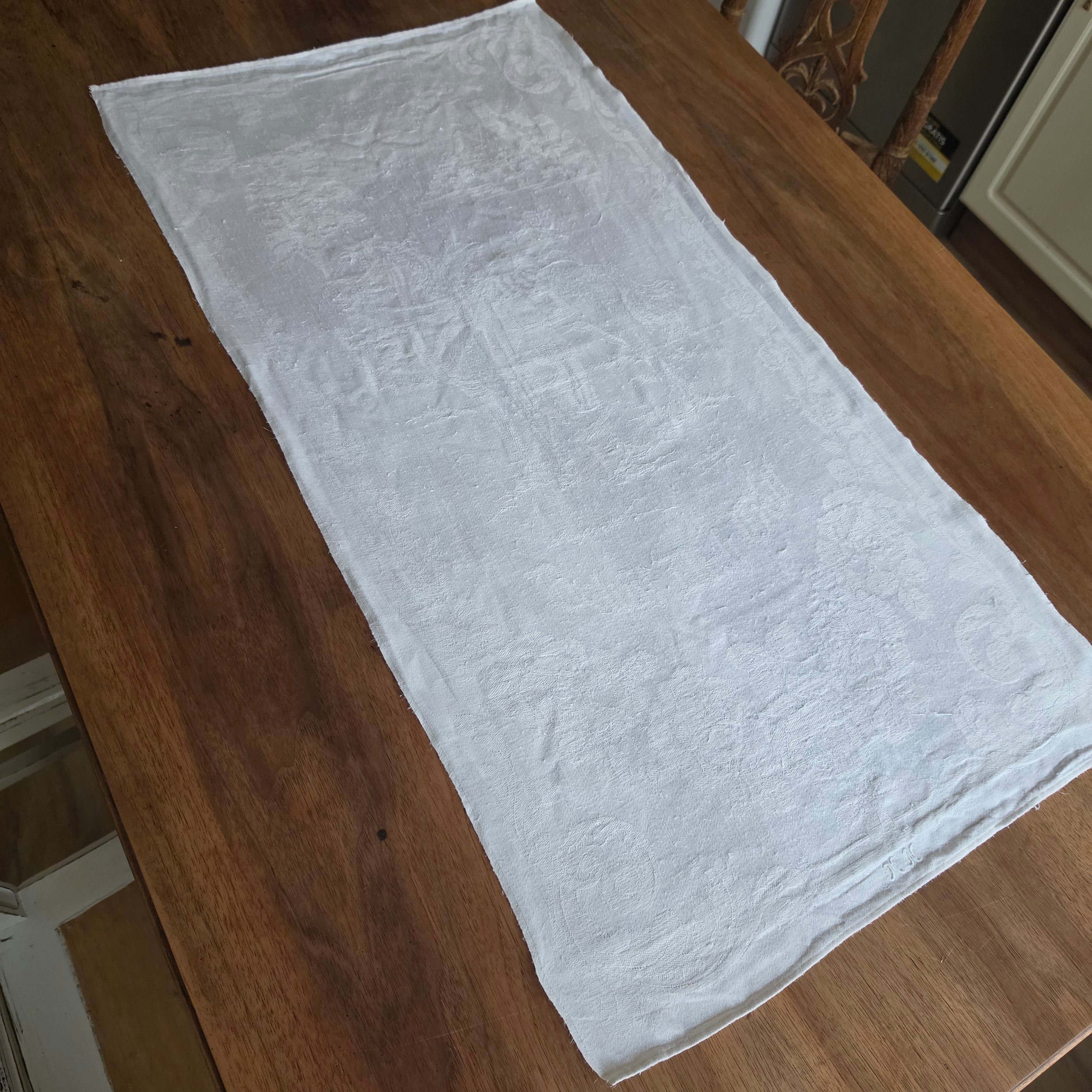 Antikes Jugendstil Küchen- & Geschirrtuch mit Spruch: Denke Edel, handle hülfreich! cremeweiß Damast Baumwolle 47x90cm Monogramm M.N