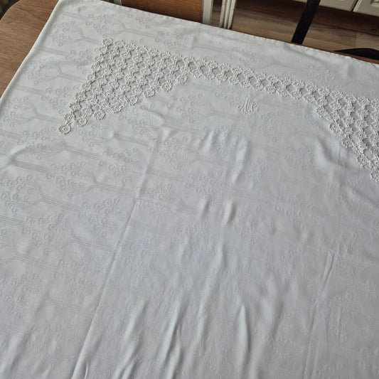 Antiker großer Kissenbezug Baumwolle 85x96cm weiß Monogramm A.H.