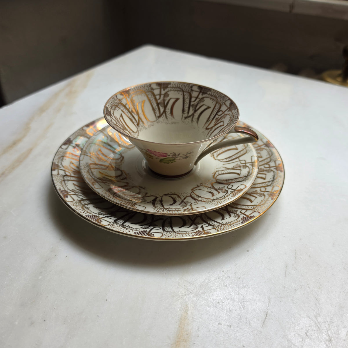 Vintage Porzellan Sammeltasse mit Unterteller & Kuchenteller (3-teilig) – Bavaria – Elegantes Golddekor & Blütendesign