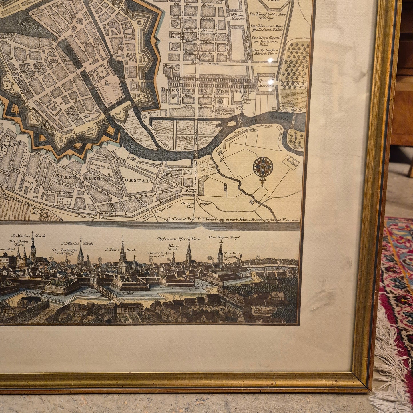 Gerahmter Kunstdruck des historischen Berlin-Stadtplans nach Matthäus Seutter