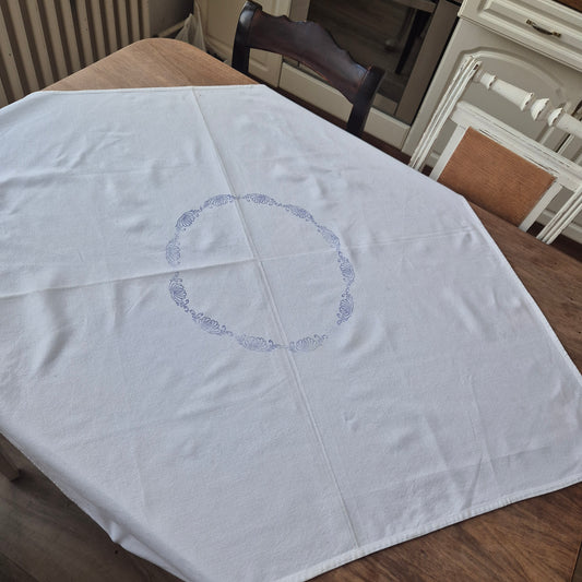 Vintage Baumwolle Tischdecke weiß blau bedruckt Stempel 96x97cm