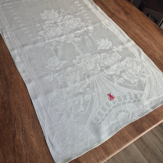 Antikes Jugendstil Küchen-&Geschirrtuch Damast Baumwolle Monogramm M.J. Rosen