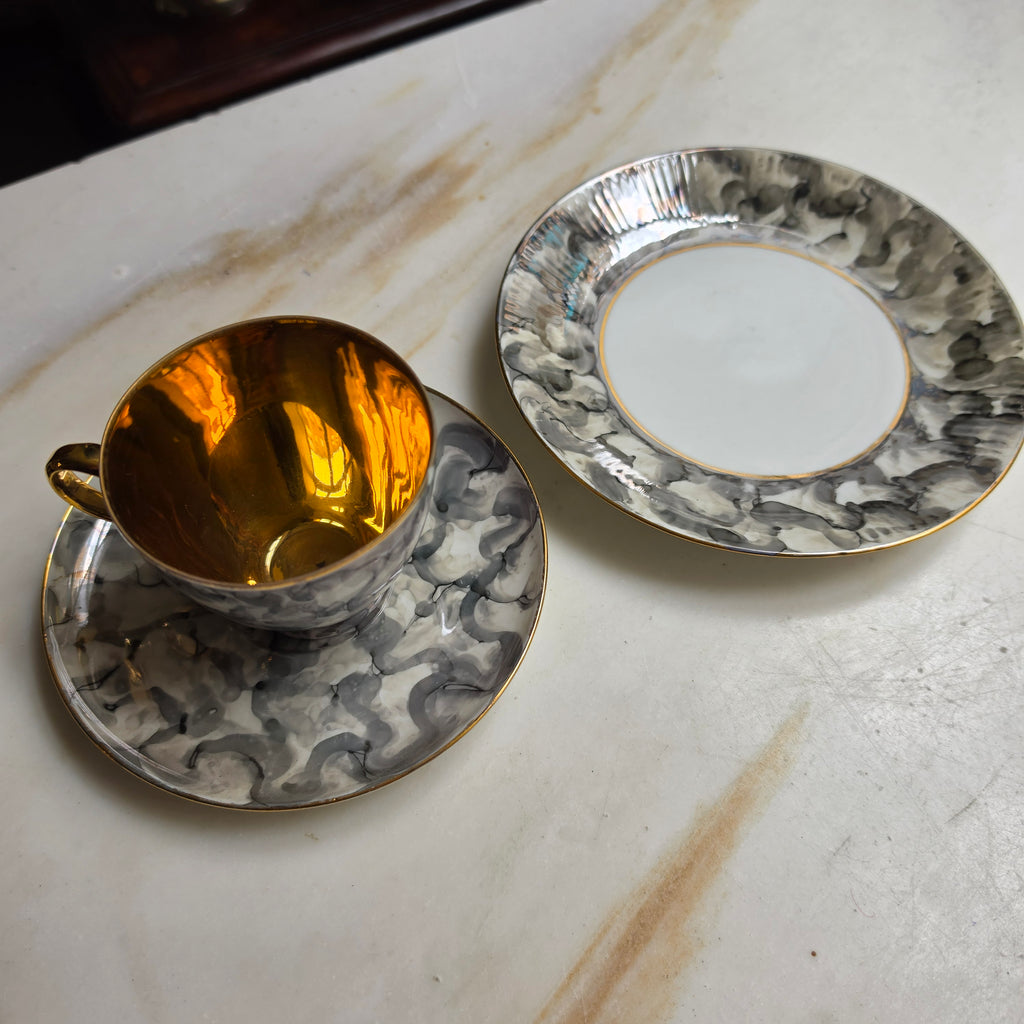 Vintage Sammeltasse 3-teilig „Marmor & Gold“ – Wałbrzych Porzellan Polen - Mid-Century / Retro