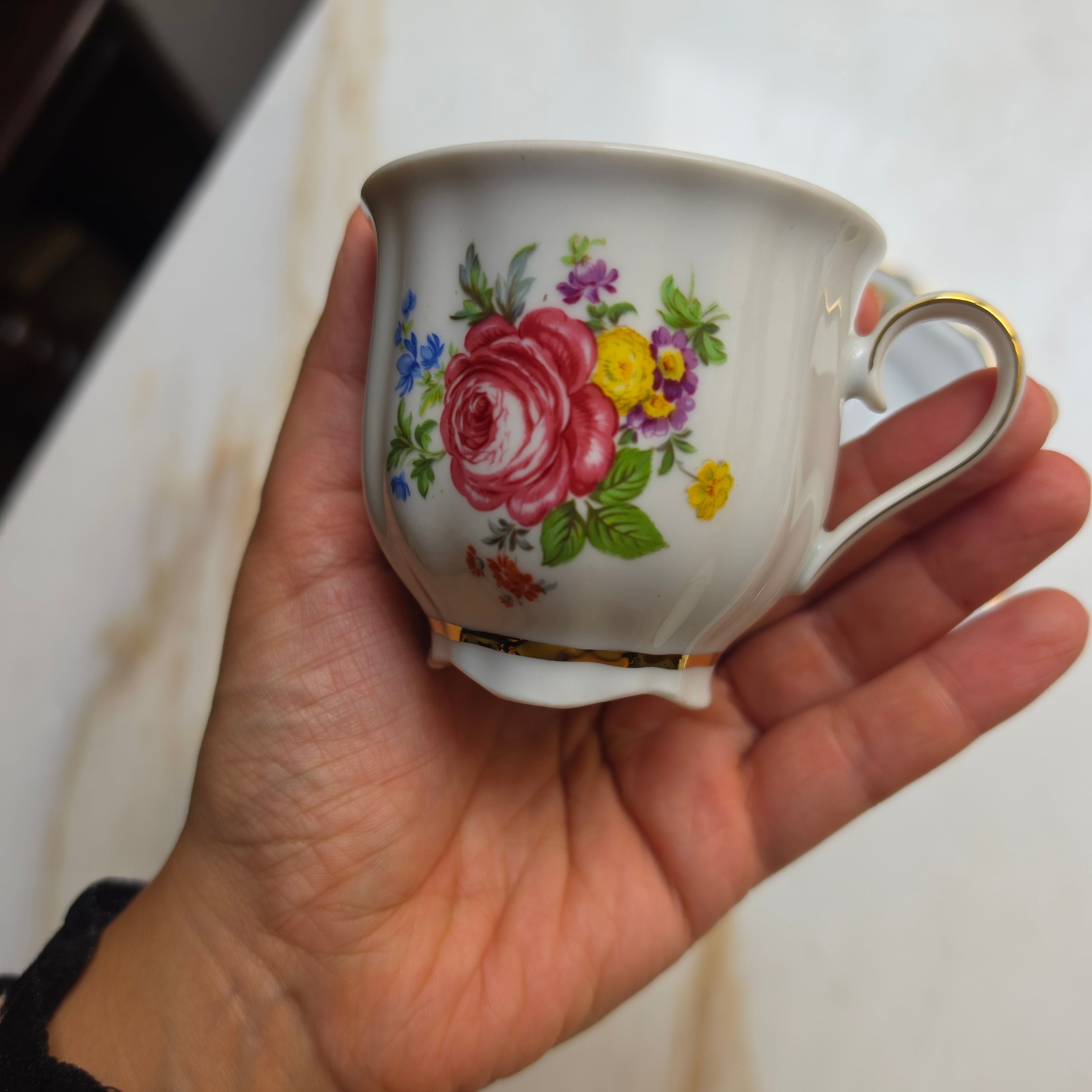 Vintage Schirnding Bavaria 3-teiliges Kaffeegedeck – Romantisches Blumendekor mit Goldrand