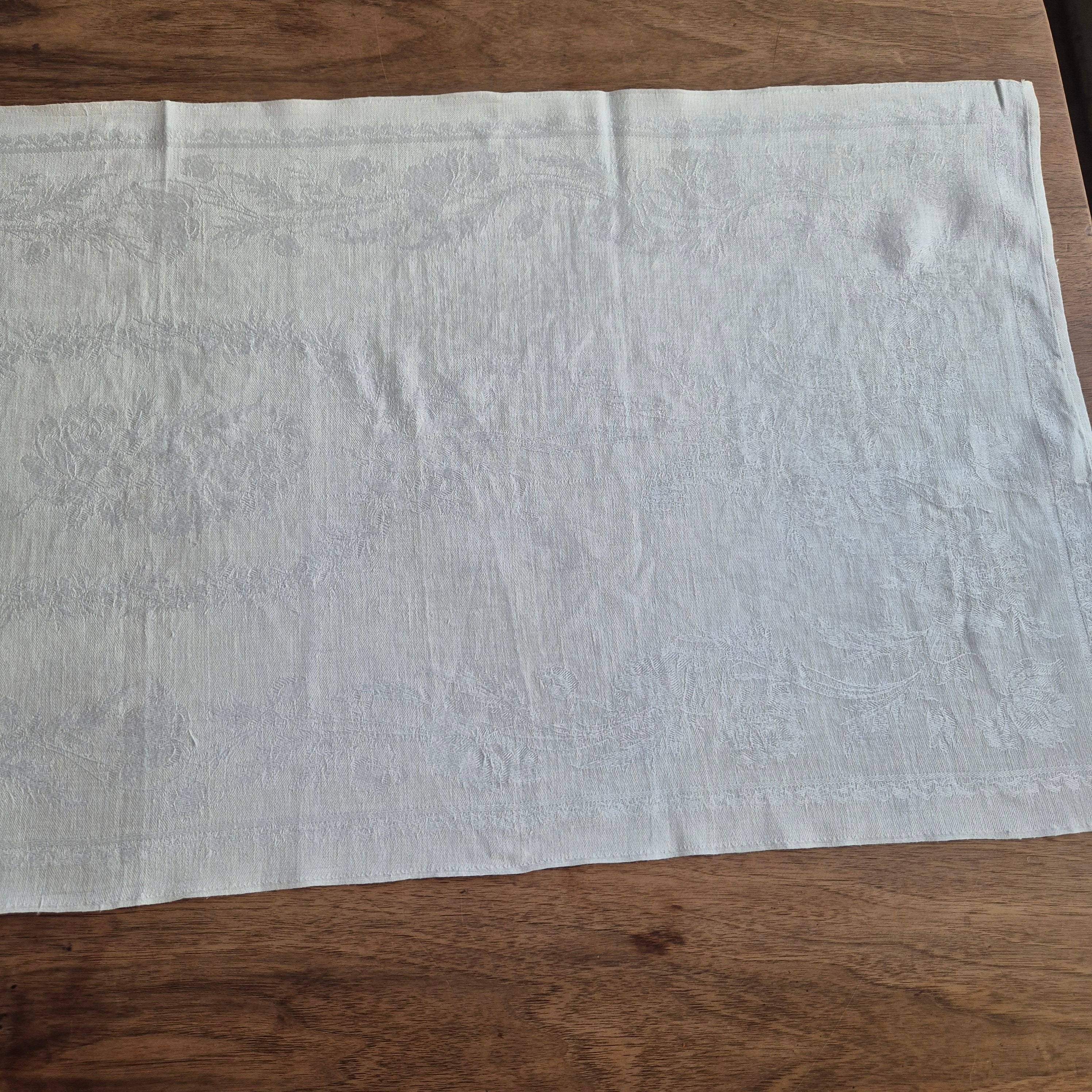 Antikes Jugendstil Küchen-Geschirrtuch mit Monogramm M.G. Damast Baumwolle 110x45cm weiß