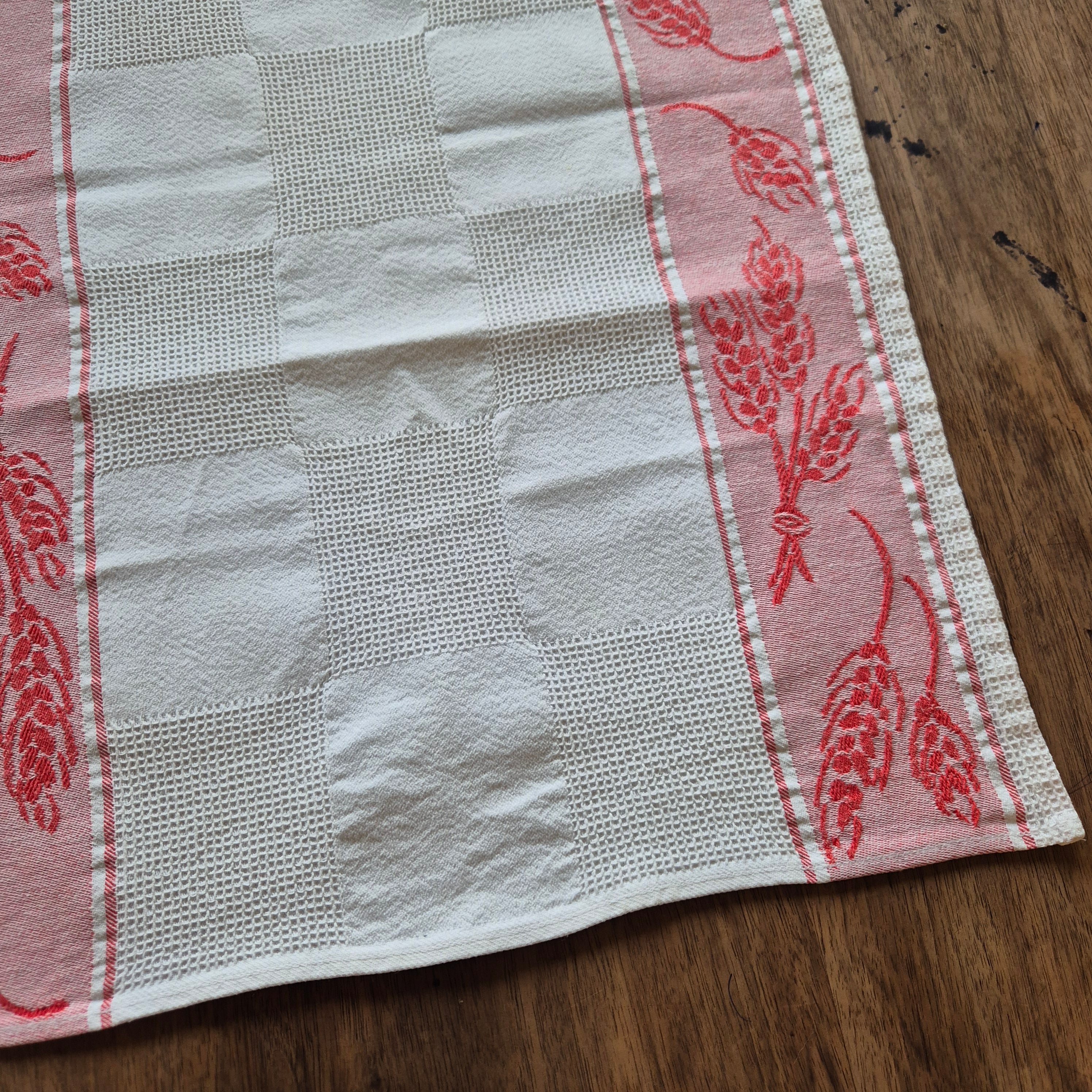 Antikes Jugendstil Küchen-& Geschirrhandtuch weiß rot Leinen 66x44cm Weizenmotiv Getreide ♡