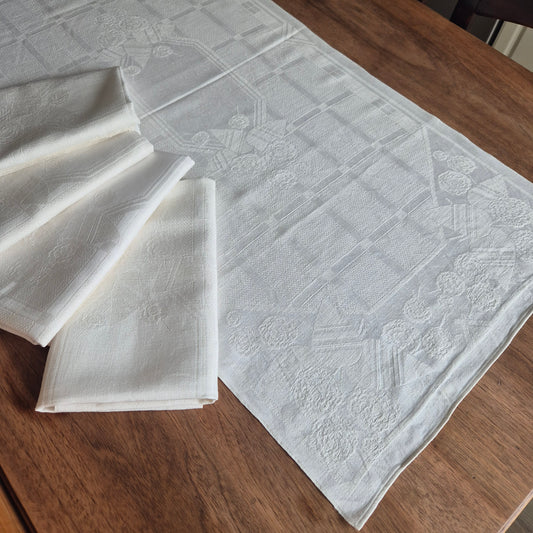 5x Antike Jugendstil Leinen Damast Küchen-&Geschirrtücher cremeweiß