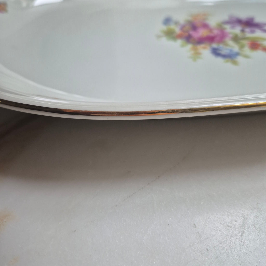 Antike Porzellanplatte Teller Blumendekor weiß Goldrand Koenigszelt Made in Poland
