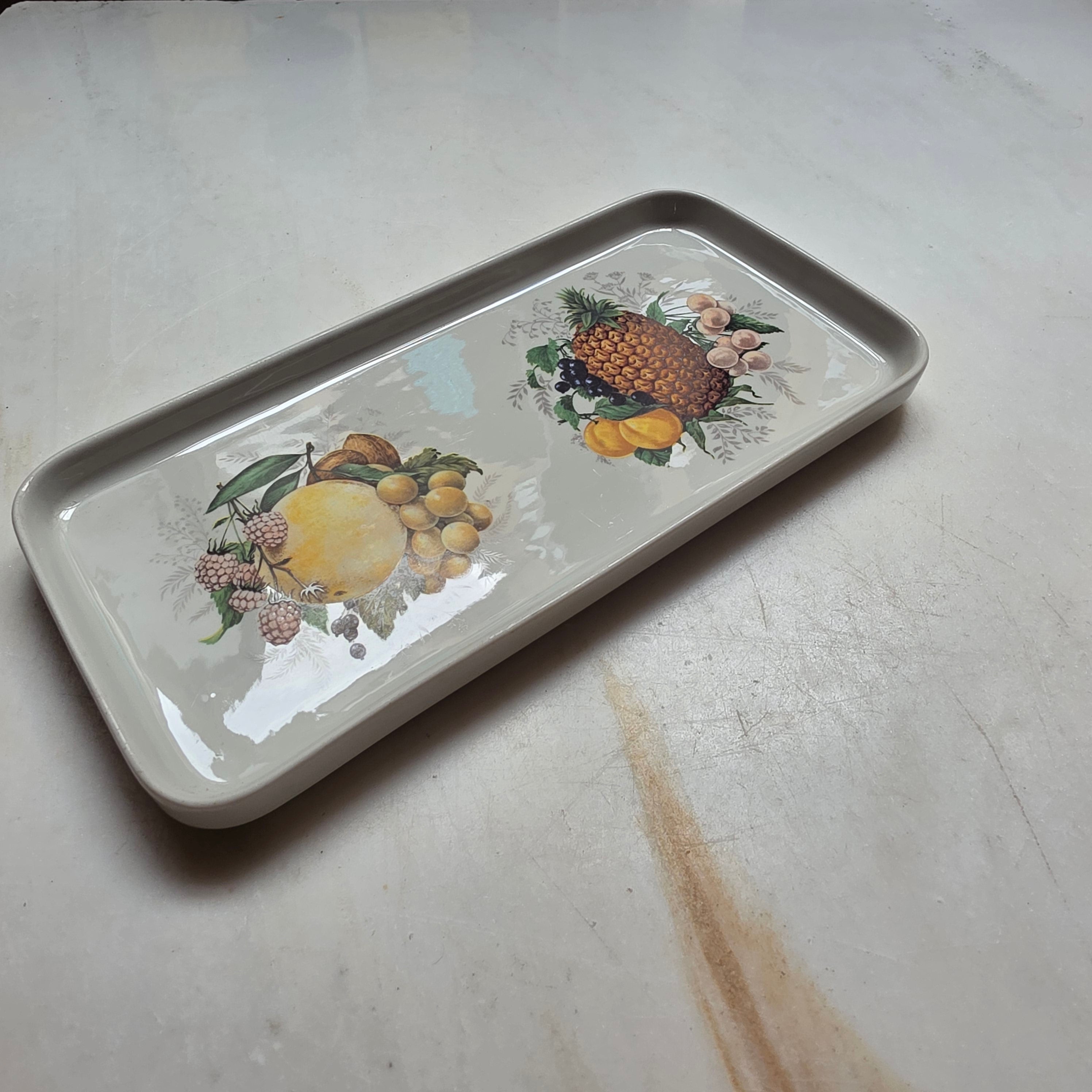 Vintage Serviertablett mit botanischem Früchte-Motiv – Keramik, rechteckig