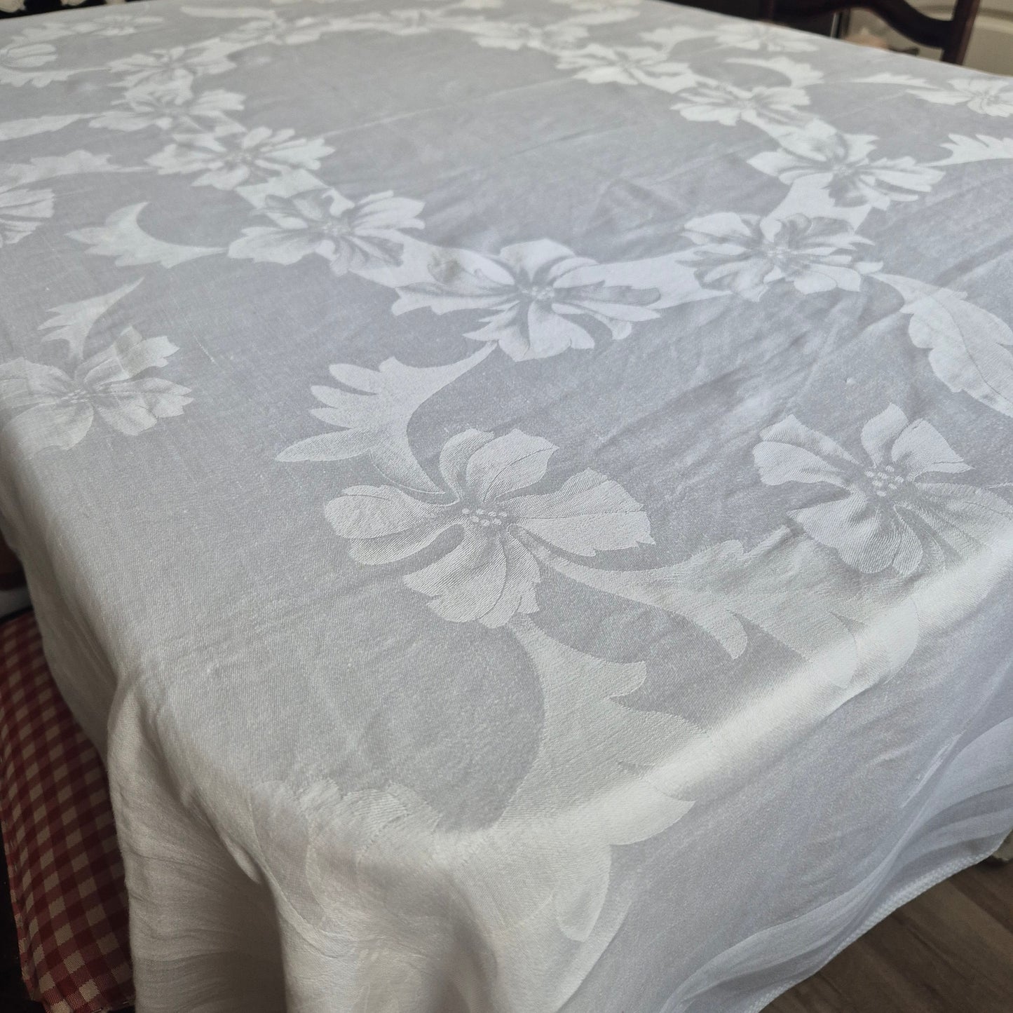 Antike Jugendstil Damast Baumwolle Tischdecke Weiß 135x170cm Schleifenmotiv Monogramm A.P.