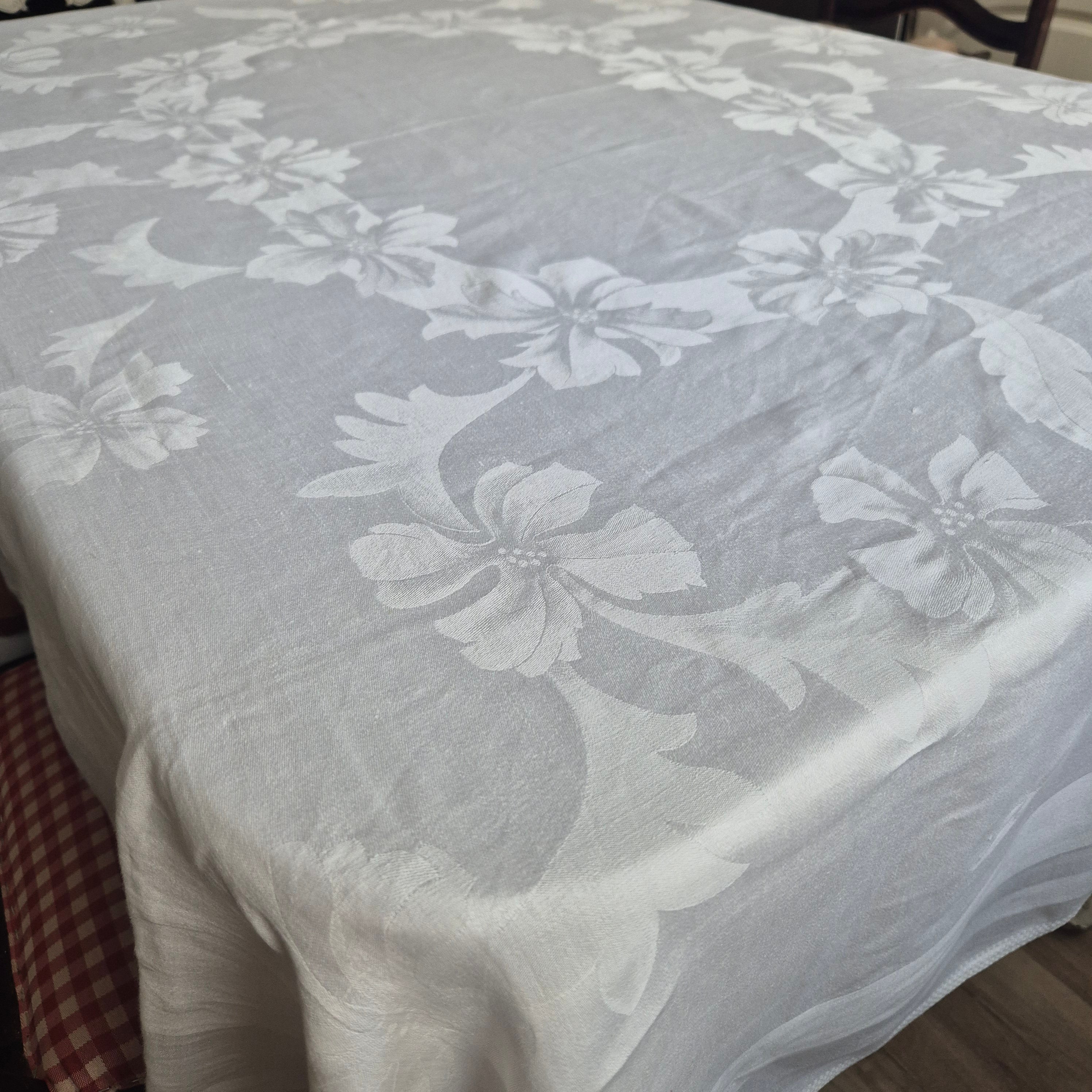 Antike Jugendstil Damast Baumwolle Tischdecke Weiß 135x170cm Schleifenmotiv Monogramm A.P.