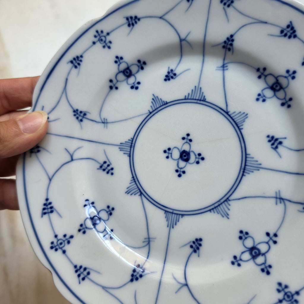 Antiker Porzellanteller mit blau-weißem Strohblumenmuster / Musselmalet – Unterglasurdekor