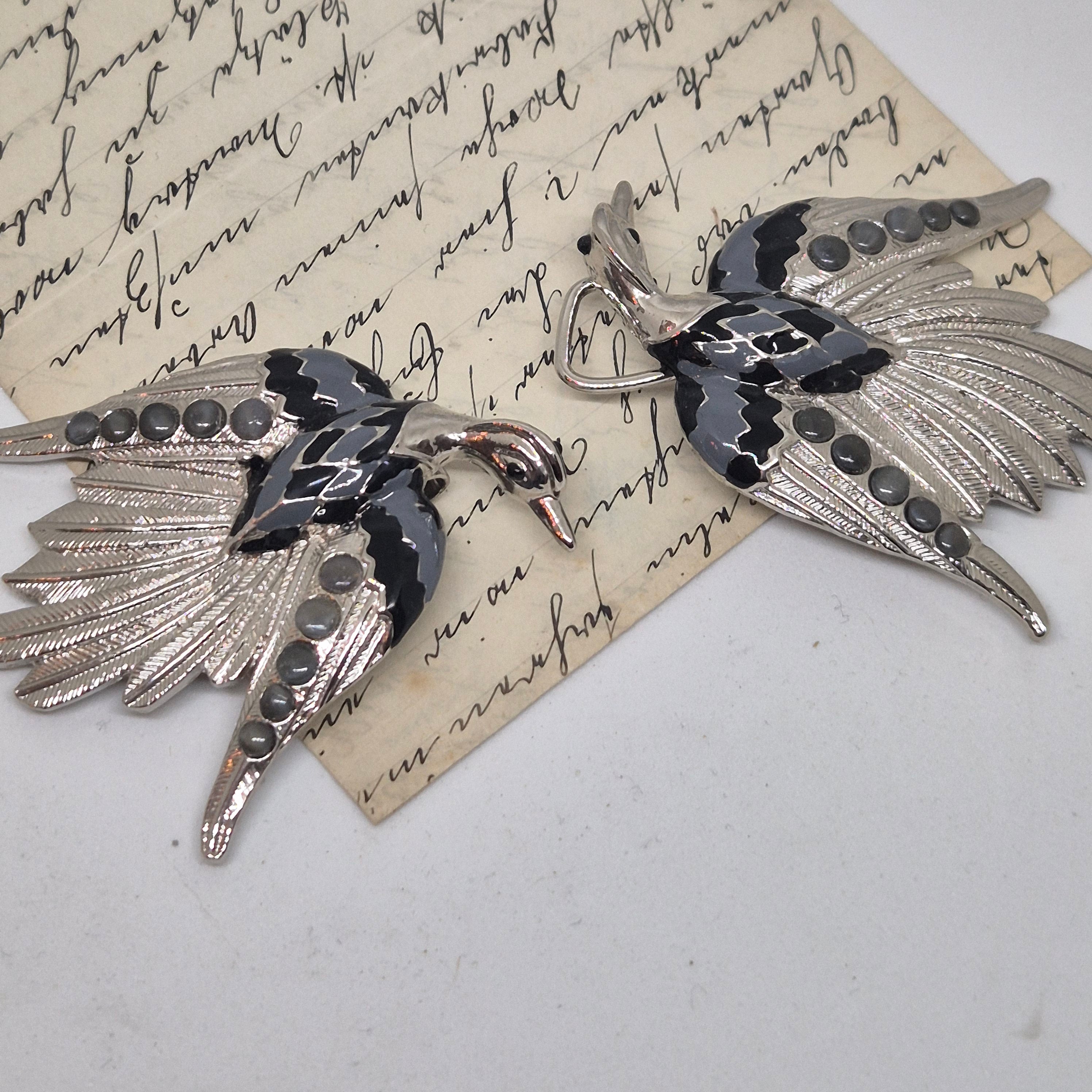 Vintage Gürtelschnalle 2-Teilig Trachtenschnalle Taillengürtel aus den 80ern-Handmade aus Berlin silber grau schwarz Schwan Kranich Vogel