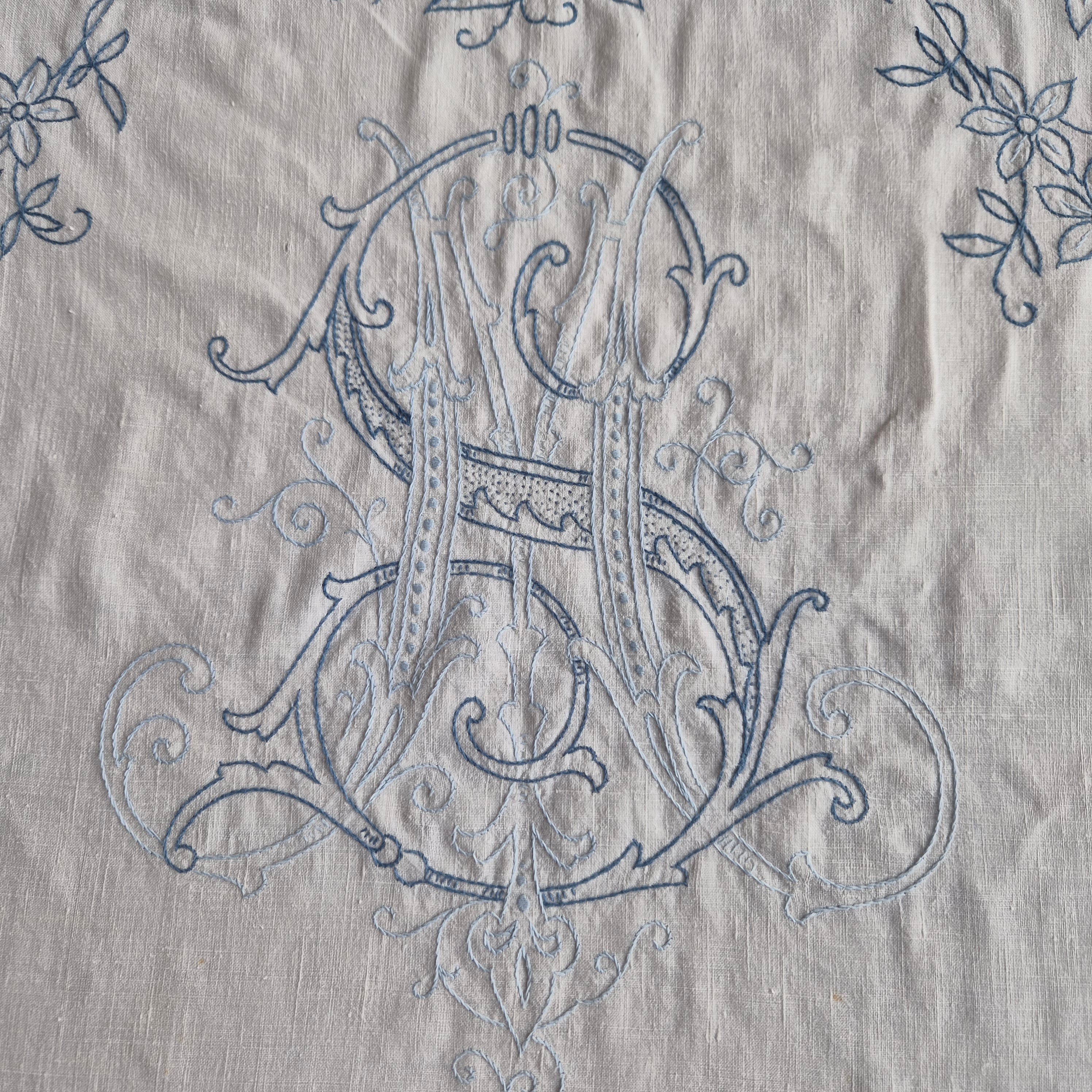 Antikes Überhandtuch Gardine blau weiß handmade 80x109cm Mini Stockflecken und Monogram M.S.