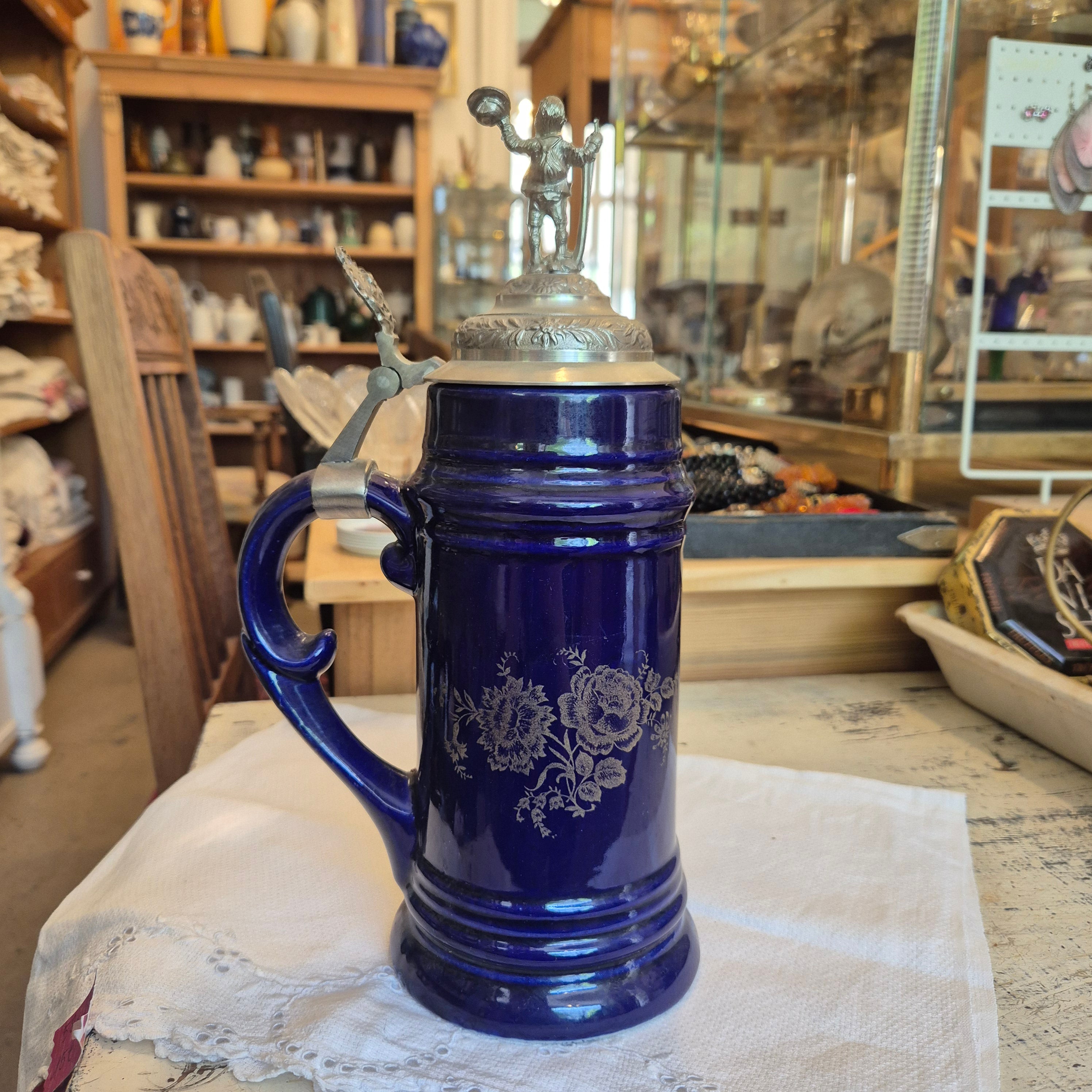Vintage Porzellan Zinn Bierkrug mit Deckel Geschenk Blau mit Spruch  Heimat Krug