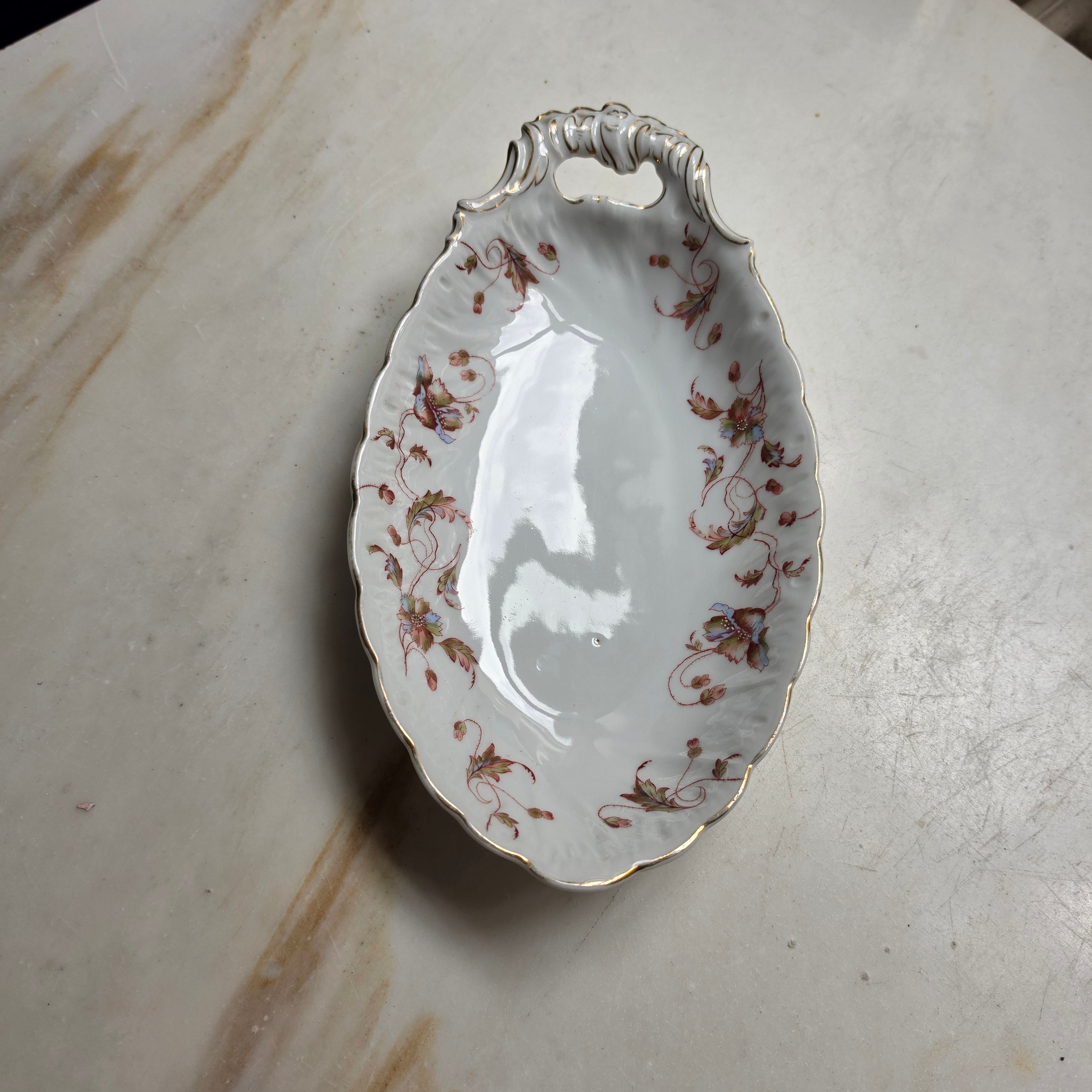 Antike Porzellan-Anbietschale mit floralem Dekor & Goldrand – Vintage Servierschale - Oval