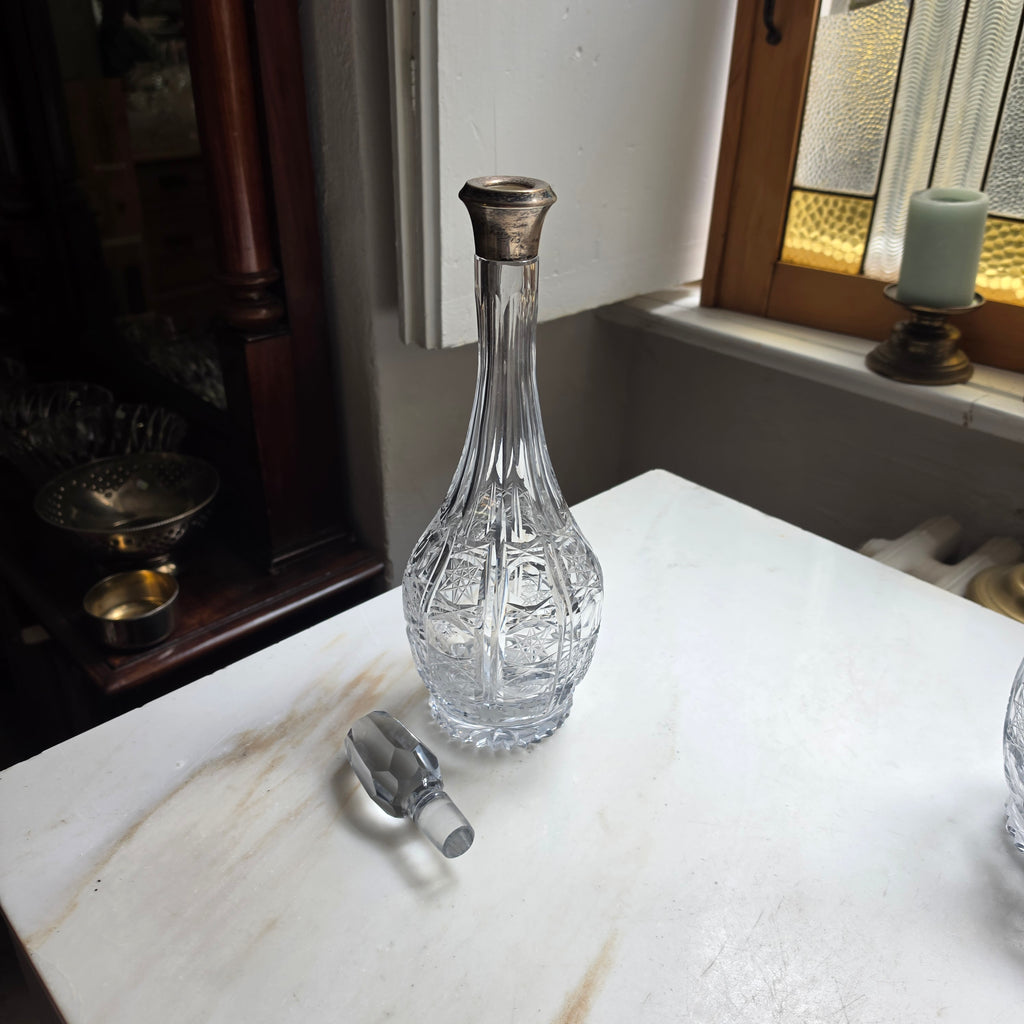 Antike Kristall-Karaffe mit Silberfassung & Facettenschliff-Stopfen-Vintage Dekanter