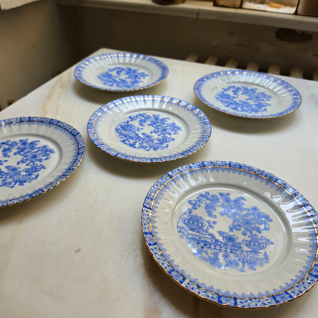 5x Antike Kuchenteller Echt Tuppack China Blau Tiefenfurt Blau Weiß & Rosslau