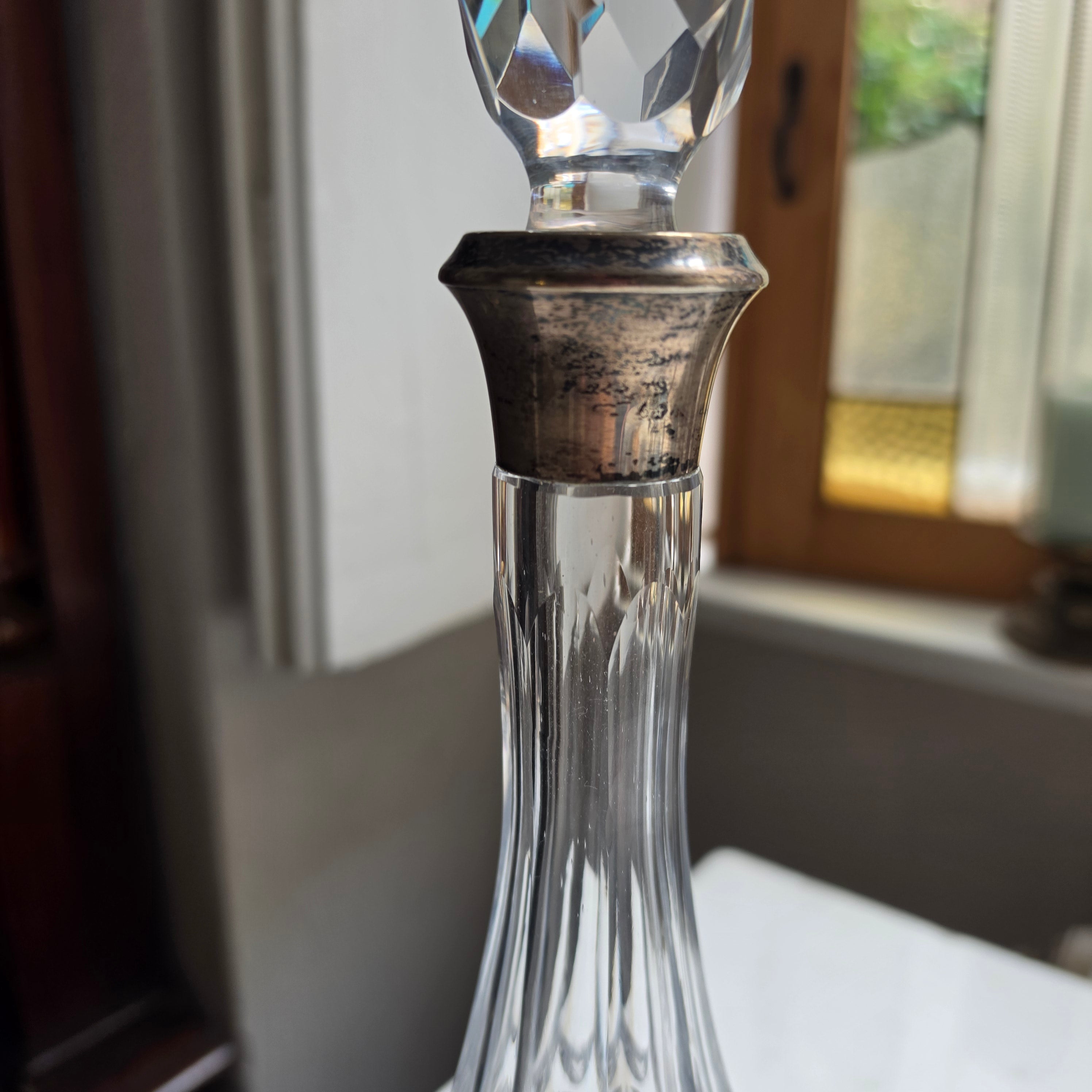 Antike Kristall-Karaffe mit Silberfassung & Facettenschliff-Stopfen-Vintage Dekanter