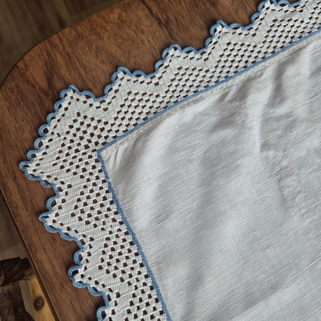 Antikes Überhandtuch Gardine blau weiß handmade 80x109cm Mini Stockflecken und Monogram M.S.
