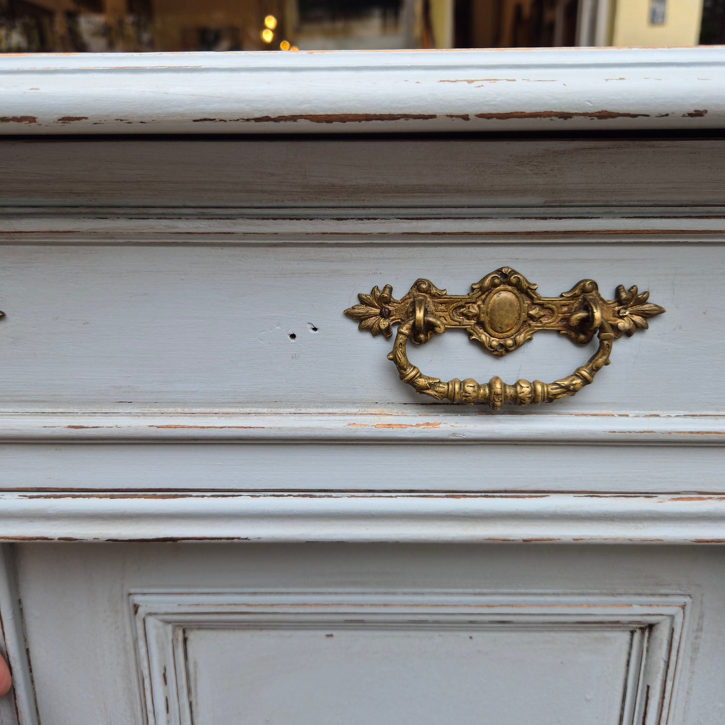Antiker Jugendstil Vertiko mit Gründerzeit blaugrau Shabby Chic Kommode Hochschrank Hochkommode