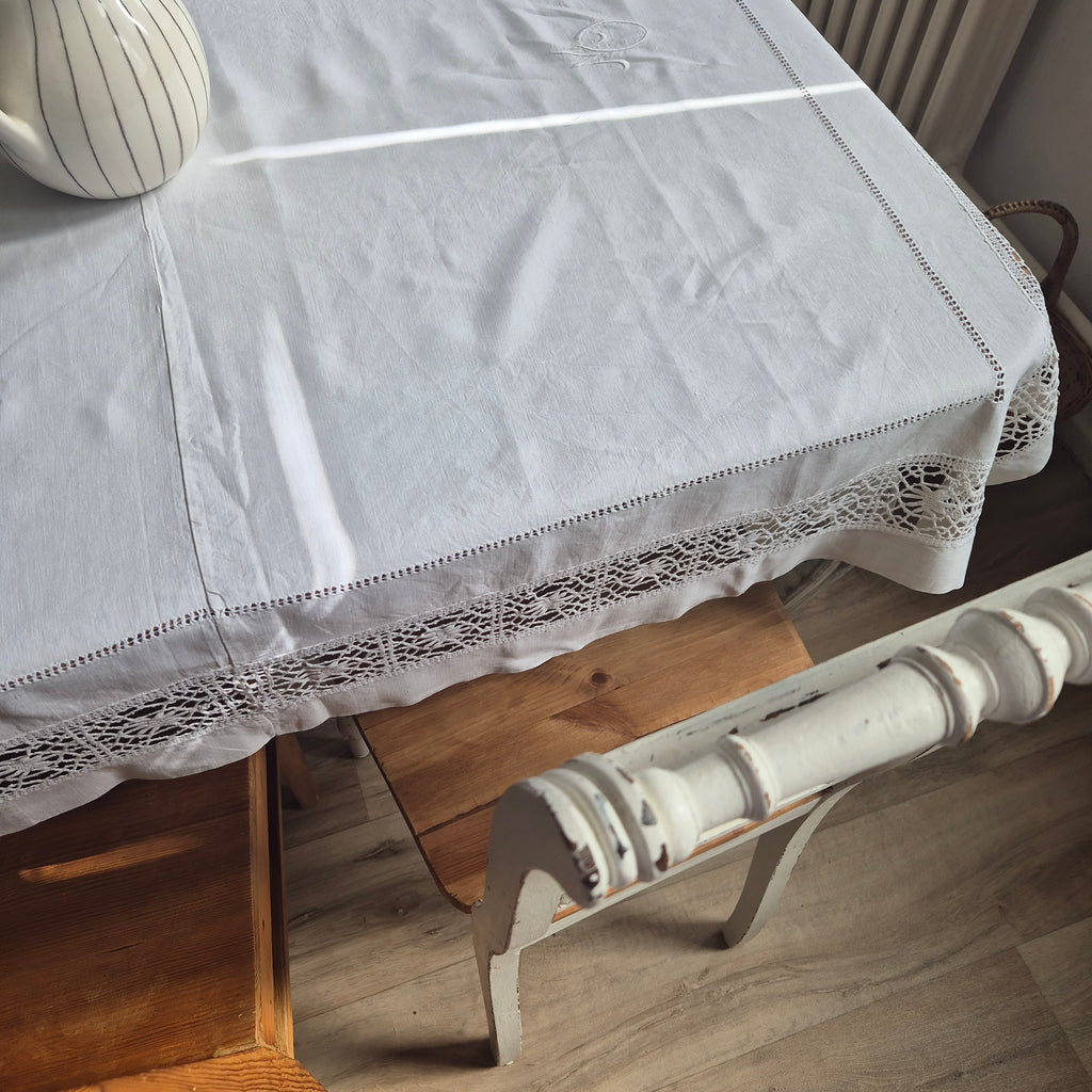 Antike Tischwäsche Leinen/Baumwolle Spitze weiß 120x140cm Tafel Königlich wunderschön! Monogramm M.O. ein Fleck 🤍