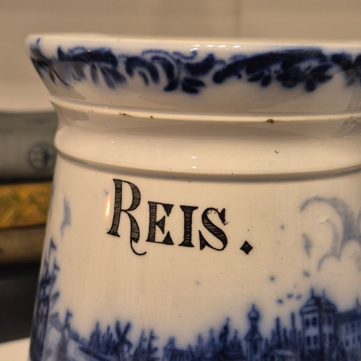Antike H.H & Cie Delft Vorratsdose ohne Deckel blau weiß 120Jahre alt Kochlöffelhalter Aufschrift "Reis"