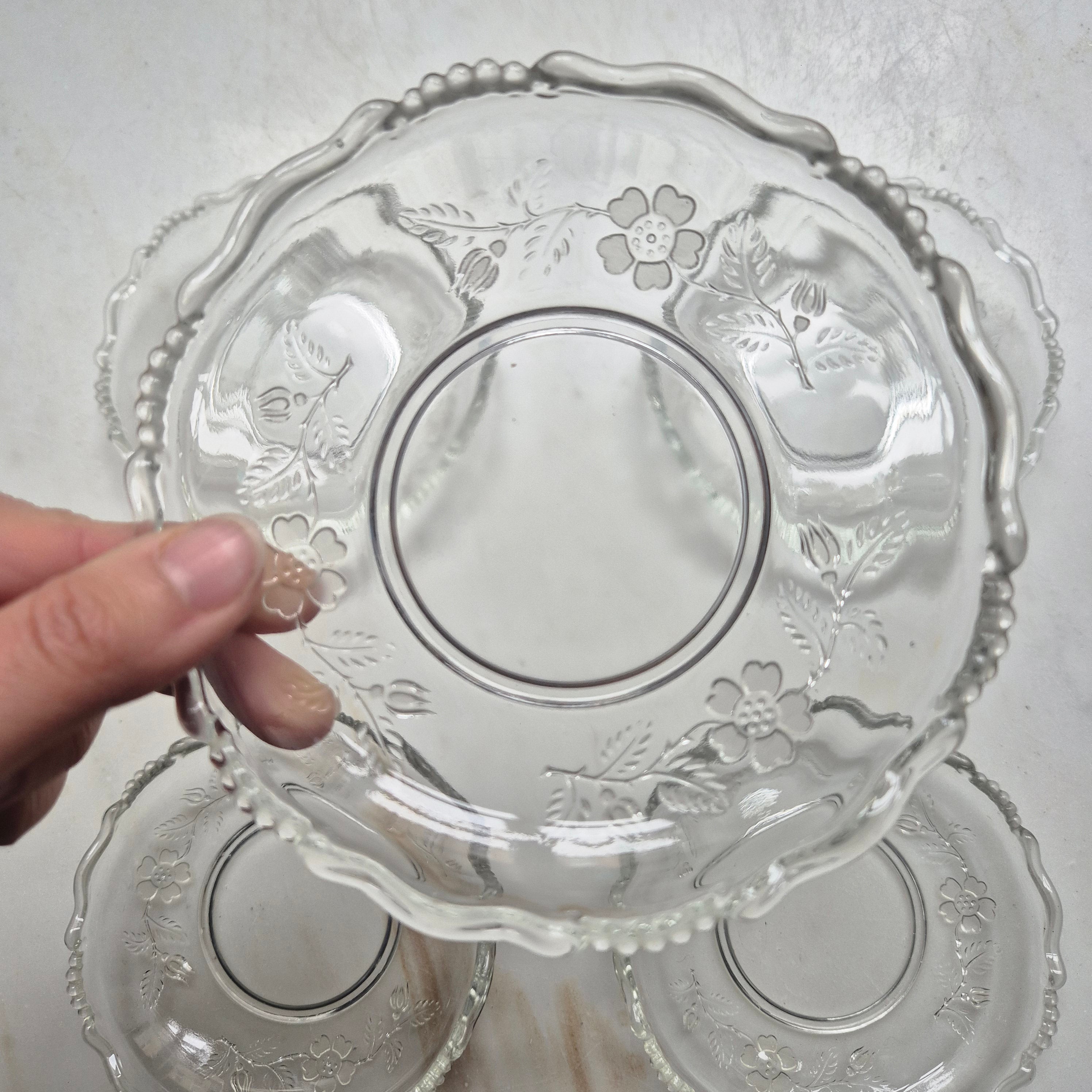 5x Vintage Glas oder Bleikristall Schalen Kuchen Teller Blumenmuster
