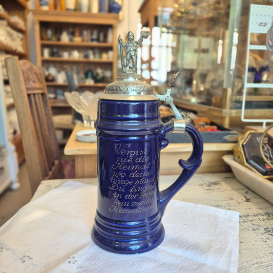 Vintage Porzellan Zinn Bierkrug mit Deckel Geschenk Blau mit Spruch  Heimat Krug