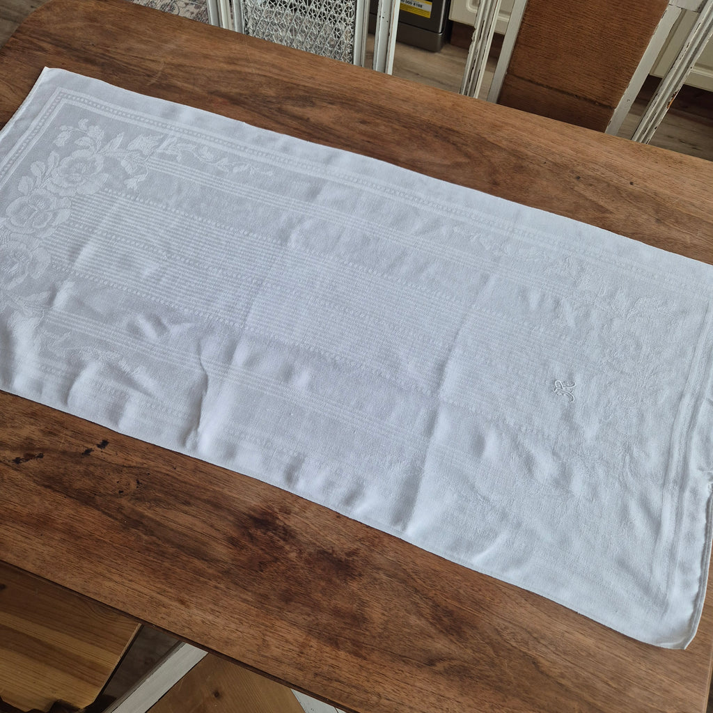 Antikes Jugendstil Küchen-&Geschirrtuch weiß Damast Baumwolle 51x110cm Monogram R.