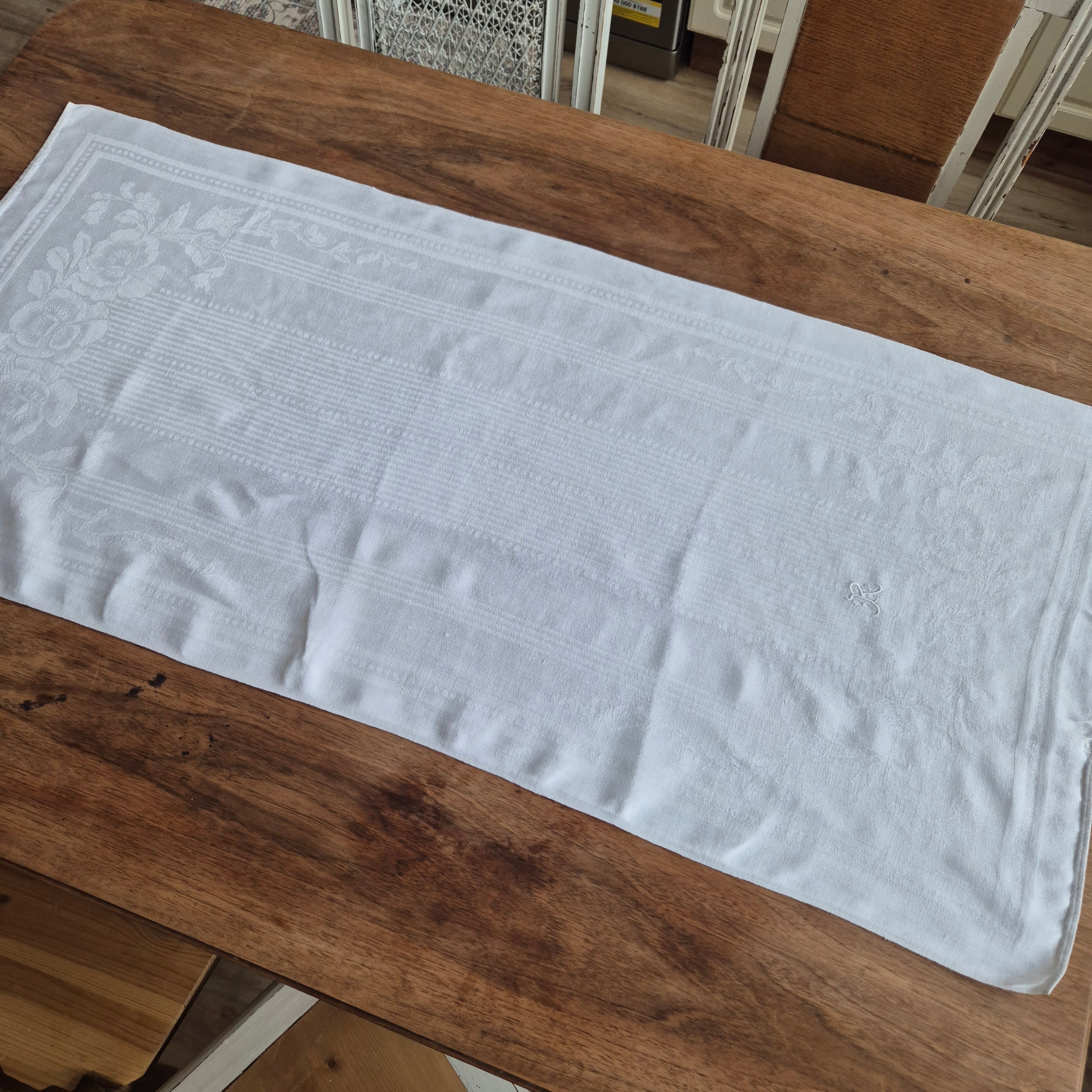 Antikes Jugendstil Küchen-&Geschirrtuch weiß Damast Baumwolle 51x110cm Monogram R.