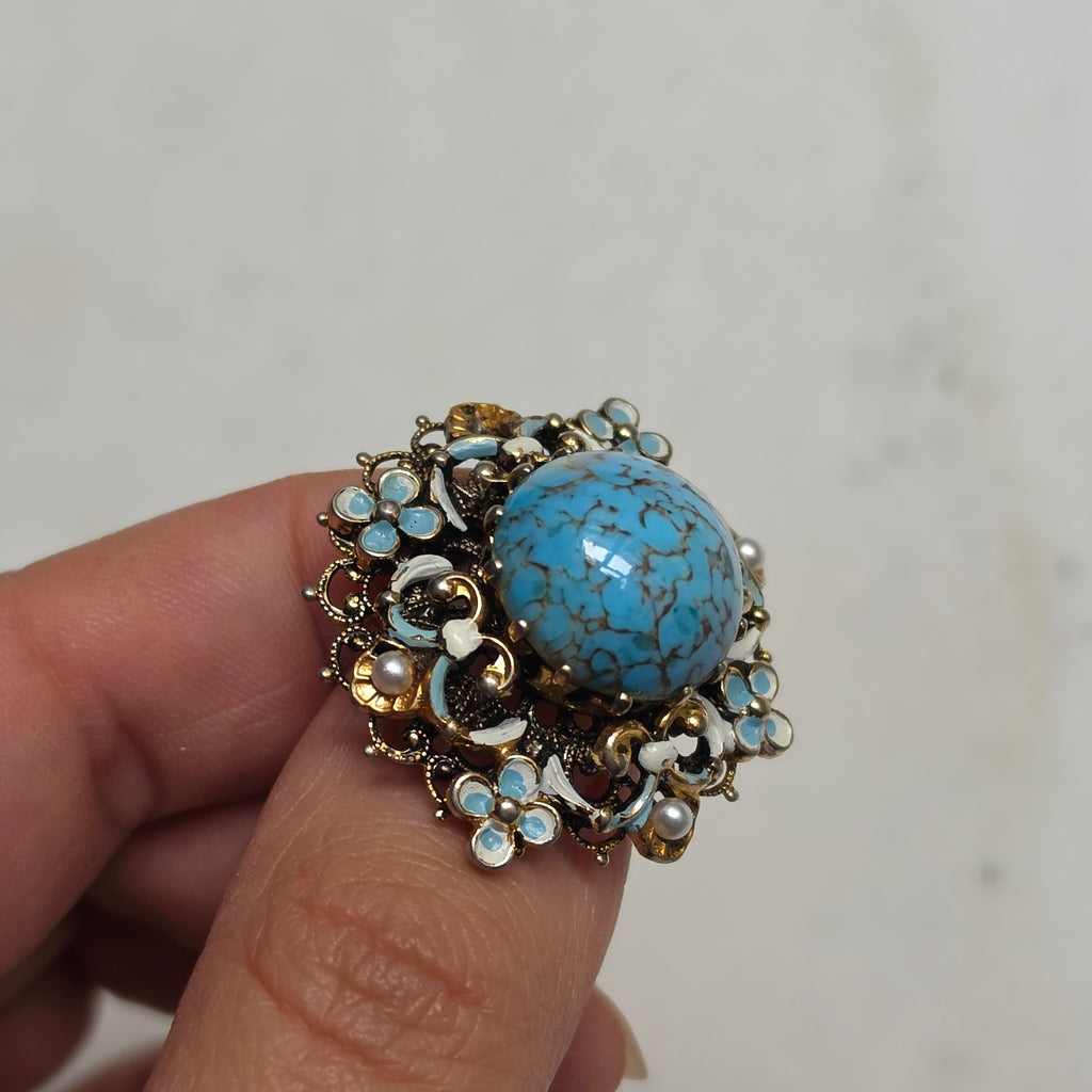 Vintage-Stil Brosche mit Türkis-Imitat, Emaille und Perlen