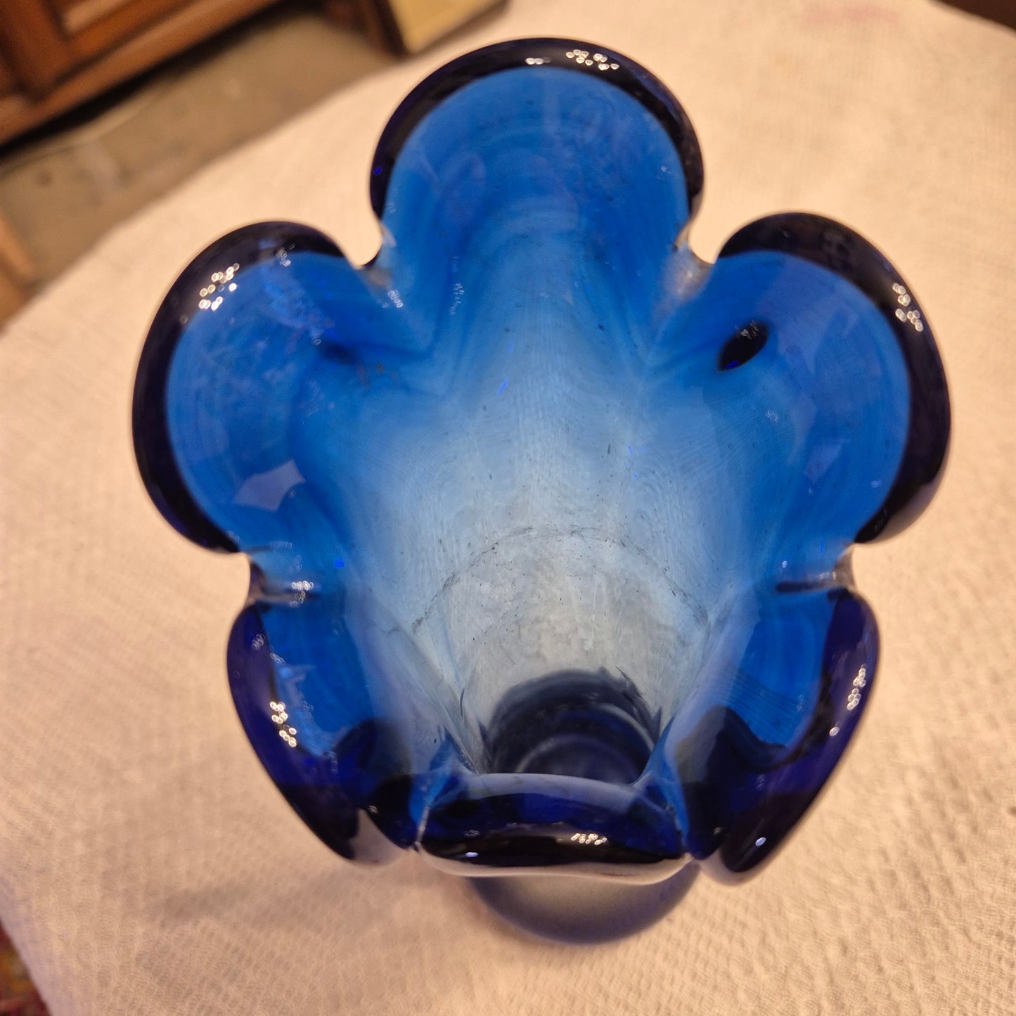 Vintage Glas Vase Glaskunst blau  Mid Century Swing 5 Finger Design Stretch