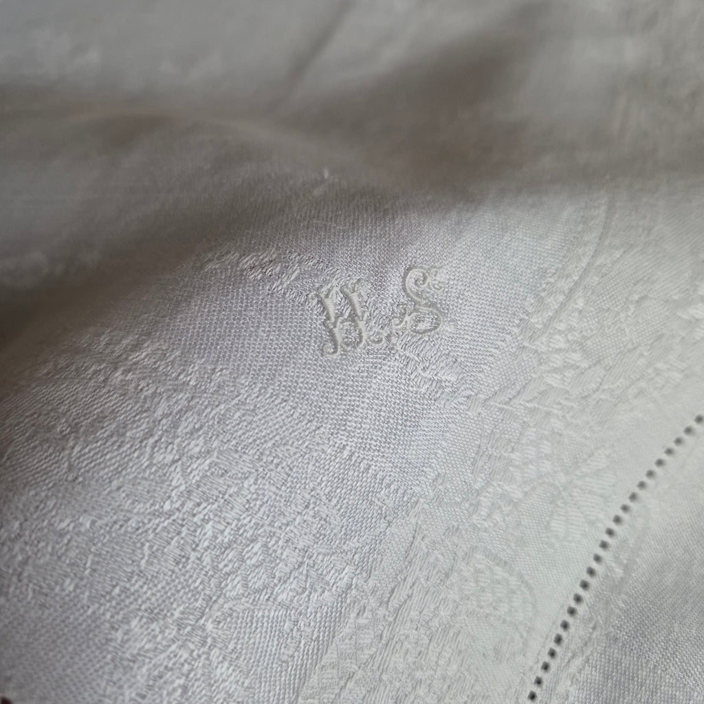 4x Antike Jugendstil Servietten mit Monogramm H.S Damast Baumwolle weiß 35x35cm