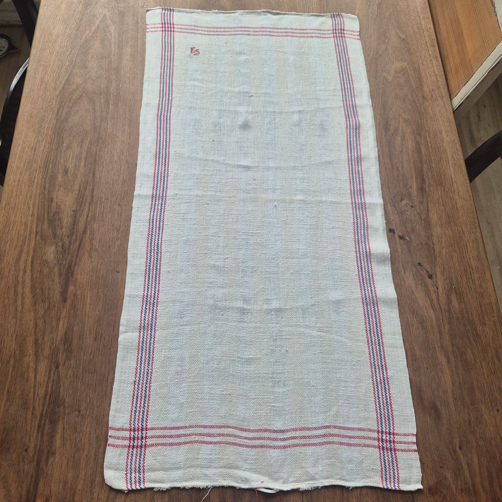 Antikes Leinen Geschirr-& Küchentuch Monogramm E.S. 90x45cm blau rot weiß