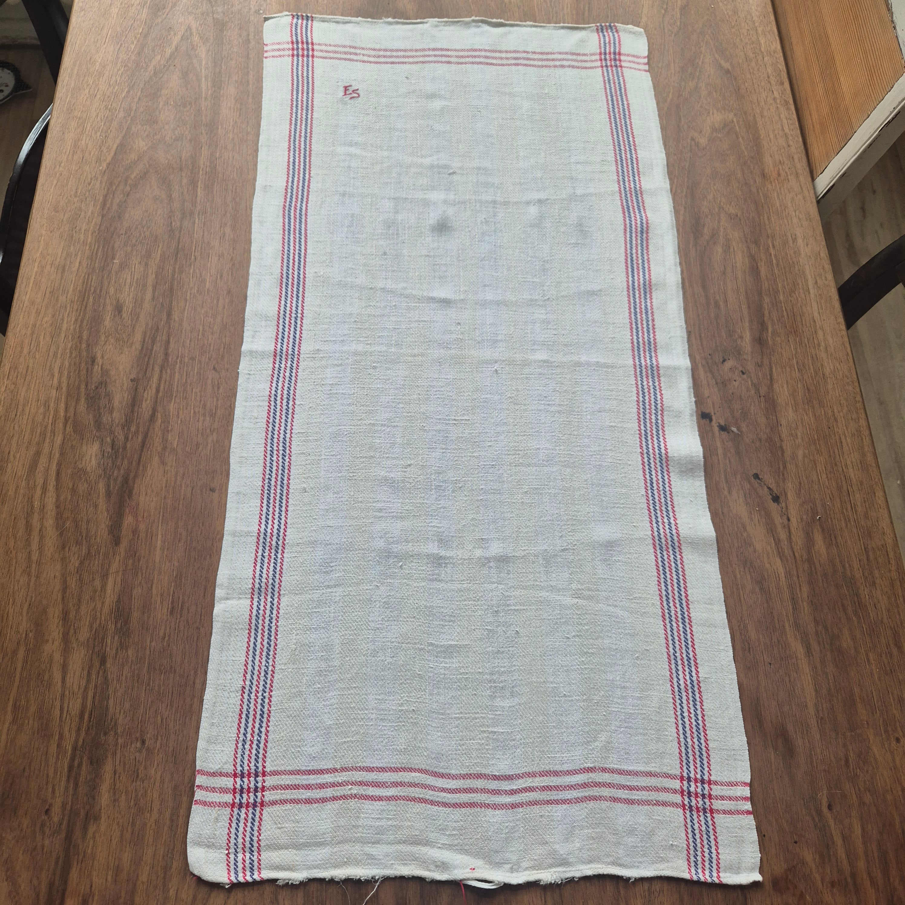 Antikes Leinen Geschirr-& Küchentuch Monogramm E.S. 90x45cm blau rot weiß